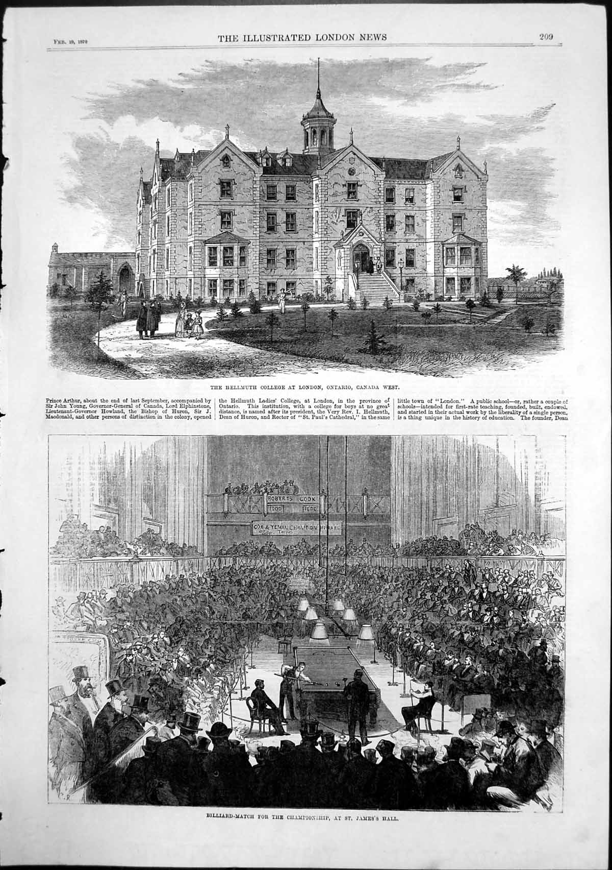 Antique Old Print Billiard Match St James Hall Hellmuth College Ontario 1870