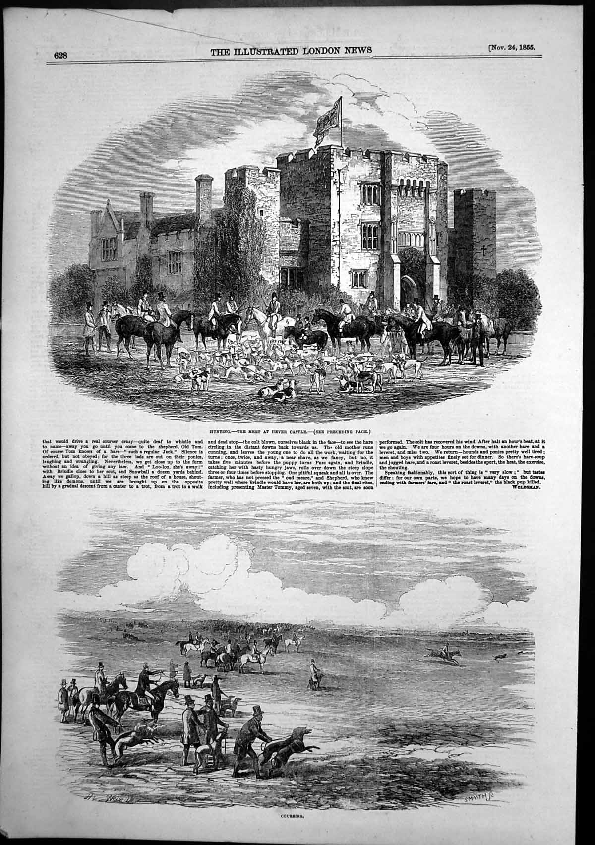 Original Old Antique Print Hunting Coursing Meet Hever Castle Greyhoundss 1855