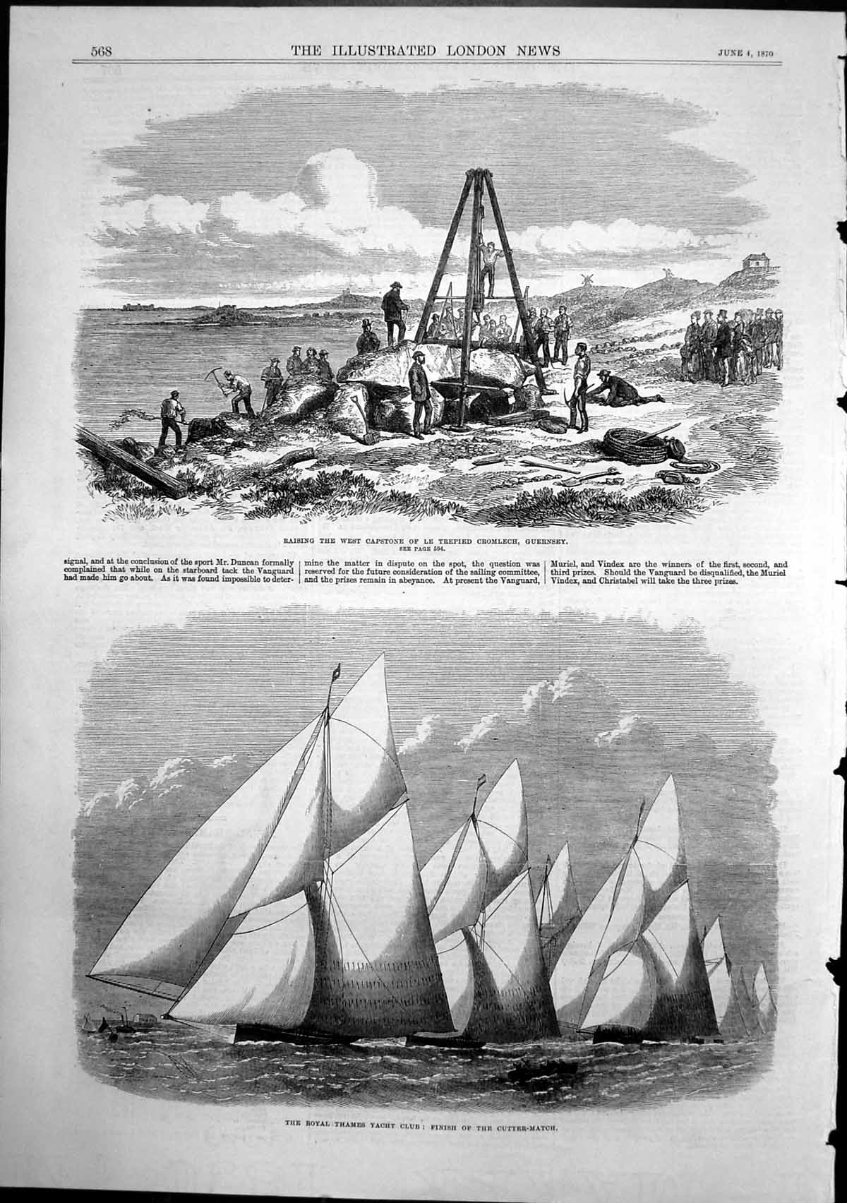 Antique Old Print Thames Yacht Club Cutters Le Trepied Cromlich Guernsey 1870