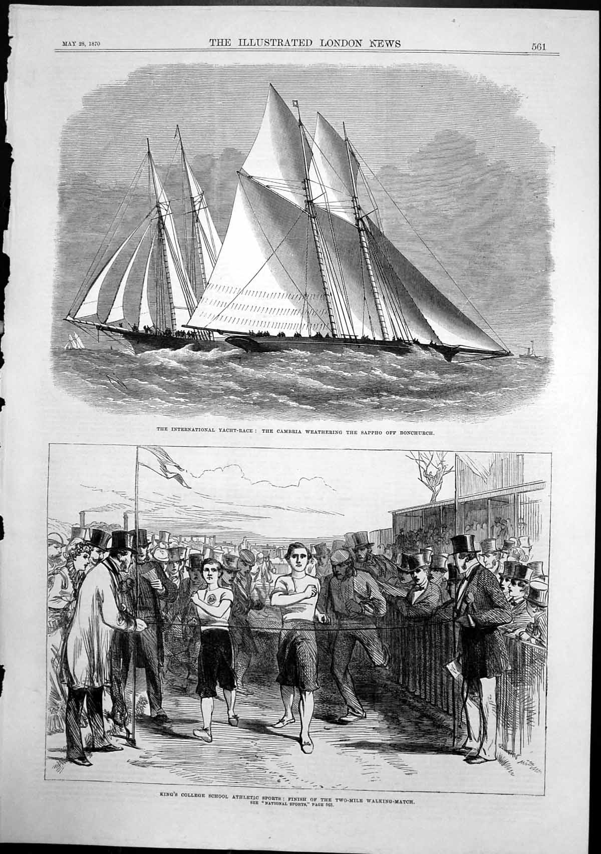 Antique Old Print International Yacht Race Cambria Kings College Sports 1870