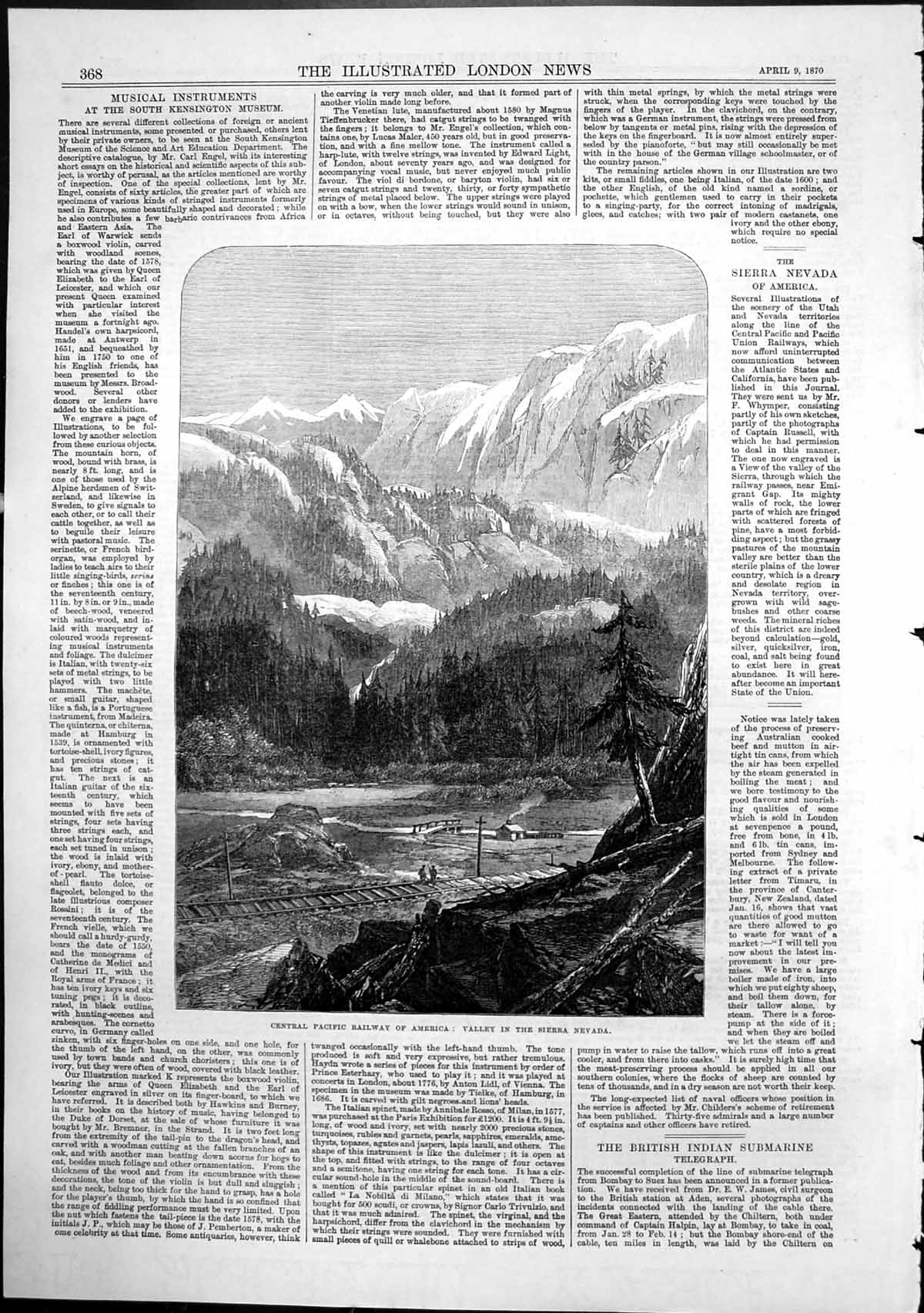Antique Old Print Central Pacific Railway America Valley Sierra Nevada 1870
