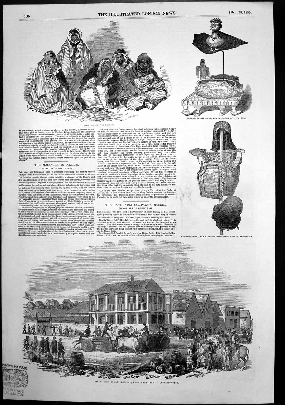 Old Print Street San Francisco Bedouins Desert Tippo Saib Head Dress 1850 19th