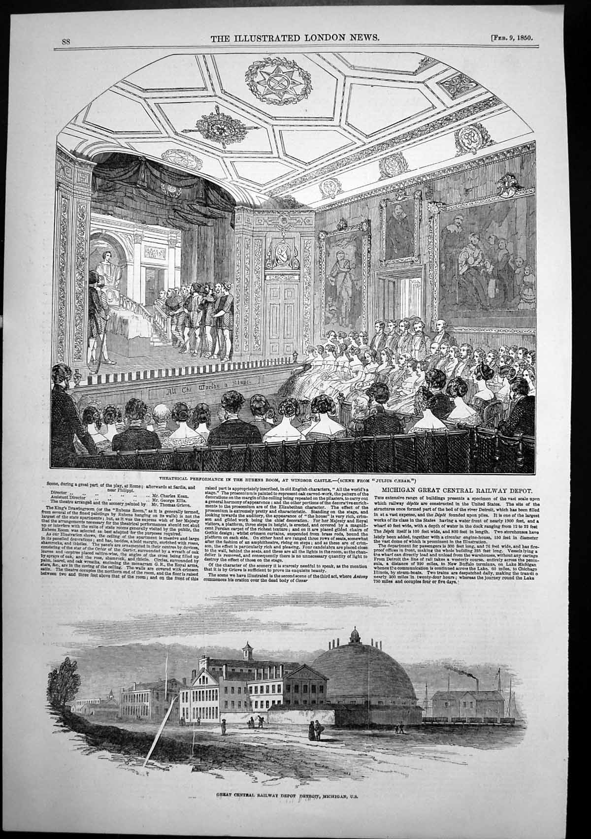 Antique Print Theatricals Windsor Castle Central Railway Depot Detroit 1850