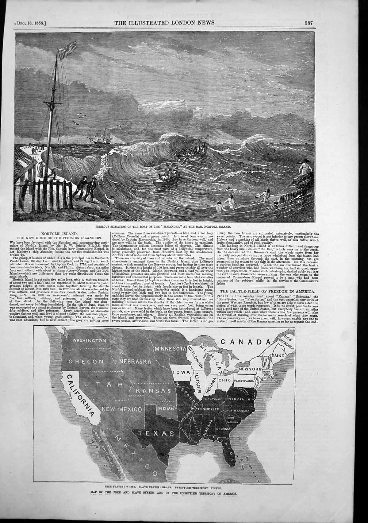 Old Print Storm Maeander Norfolk Isle Map Free Slave States America 1856 19th