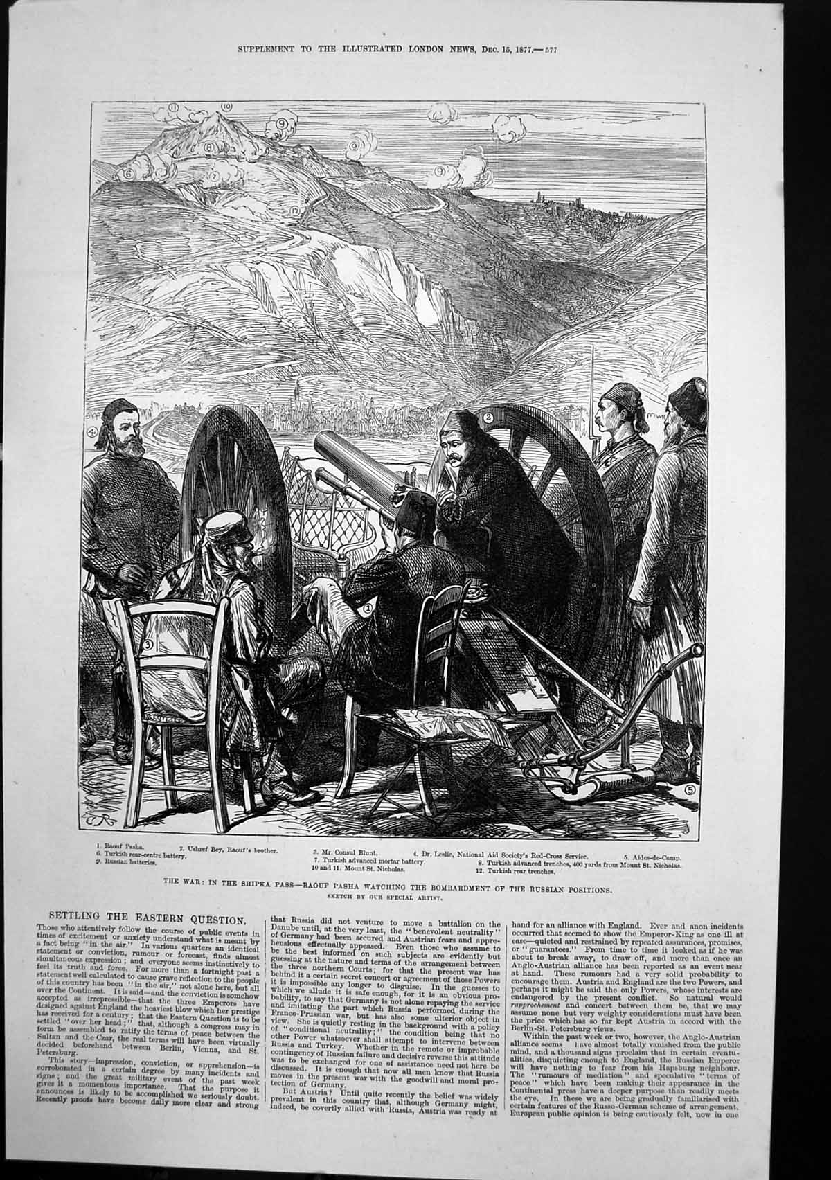 Antique Old Print War Shipka Pass Raouf Watching Bombardment Russians 1877 19th