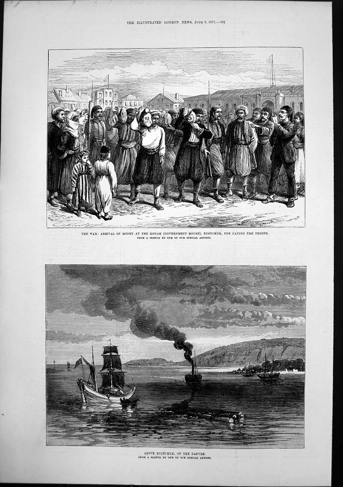 Original Old Antique Print Rustchuk Danube Arrival Money Paying Troops 1877