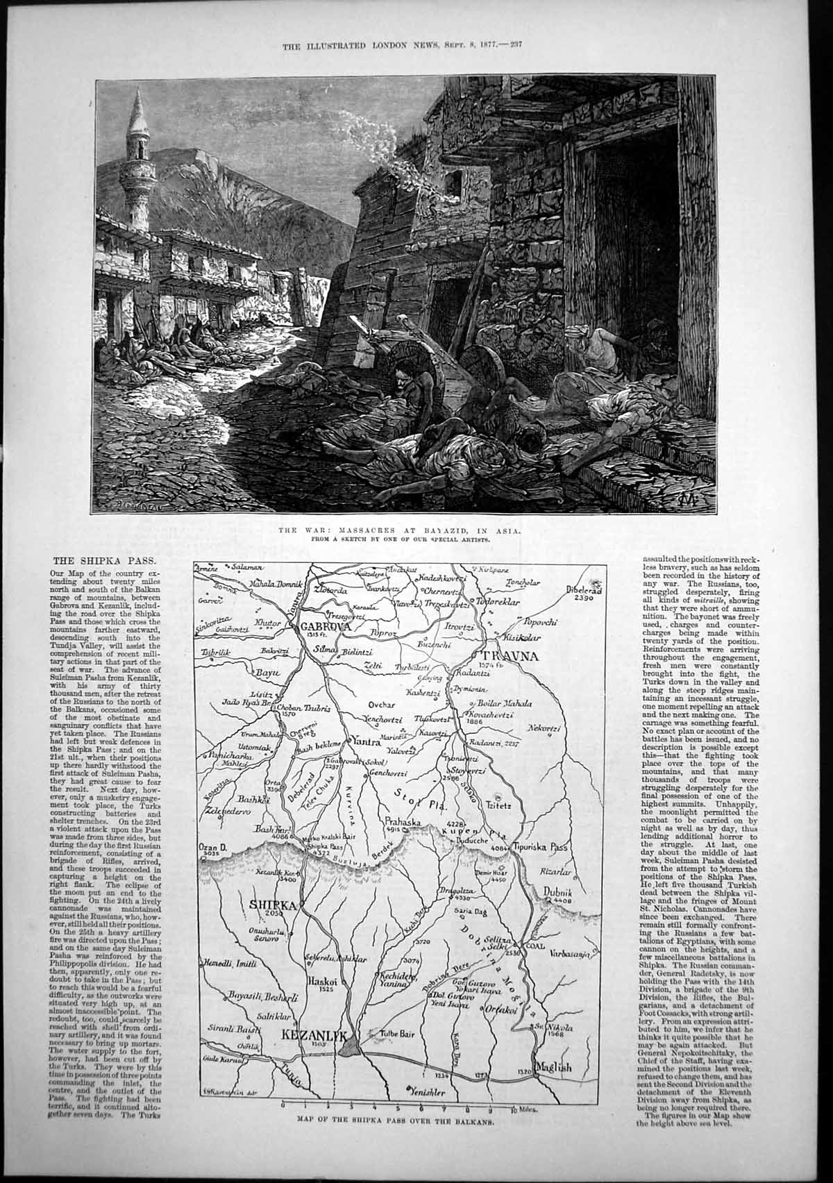 Original Old Antique Print Massacres Bayazid Asia Map Shipka Pass Balkans 1877