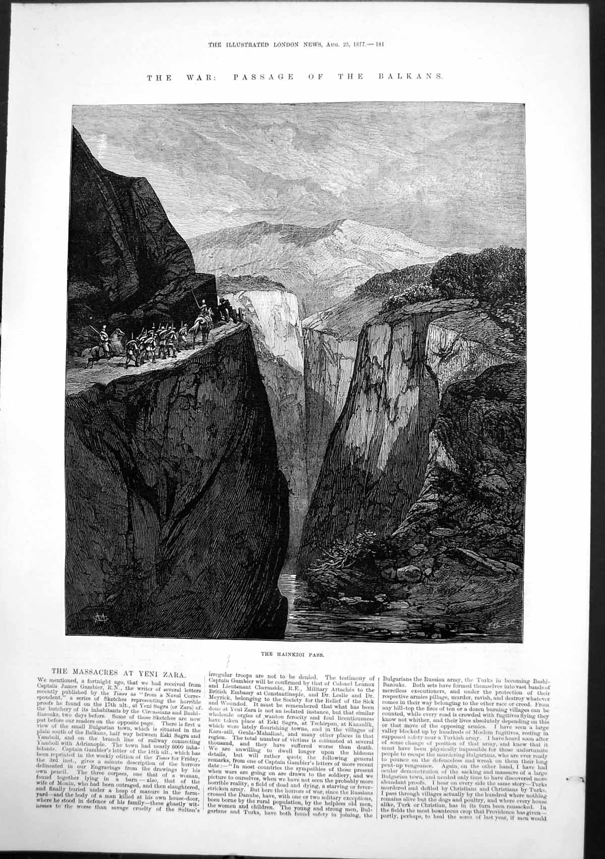 Original Old Antique Print War Passage Balkans Hainkioi Pass 1877 Victorian