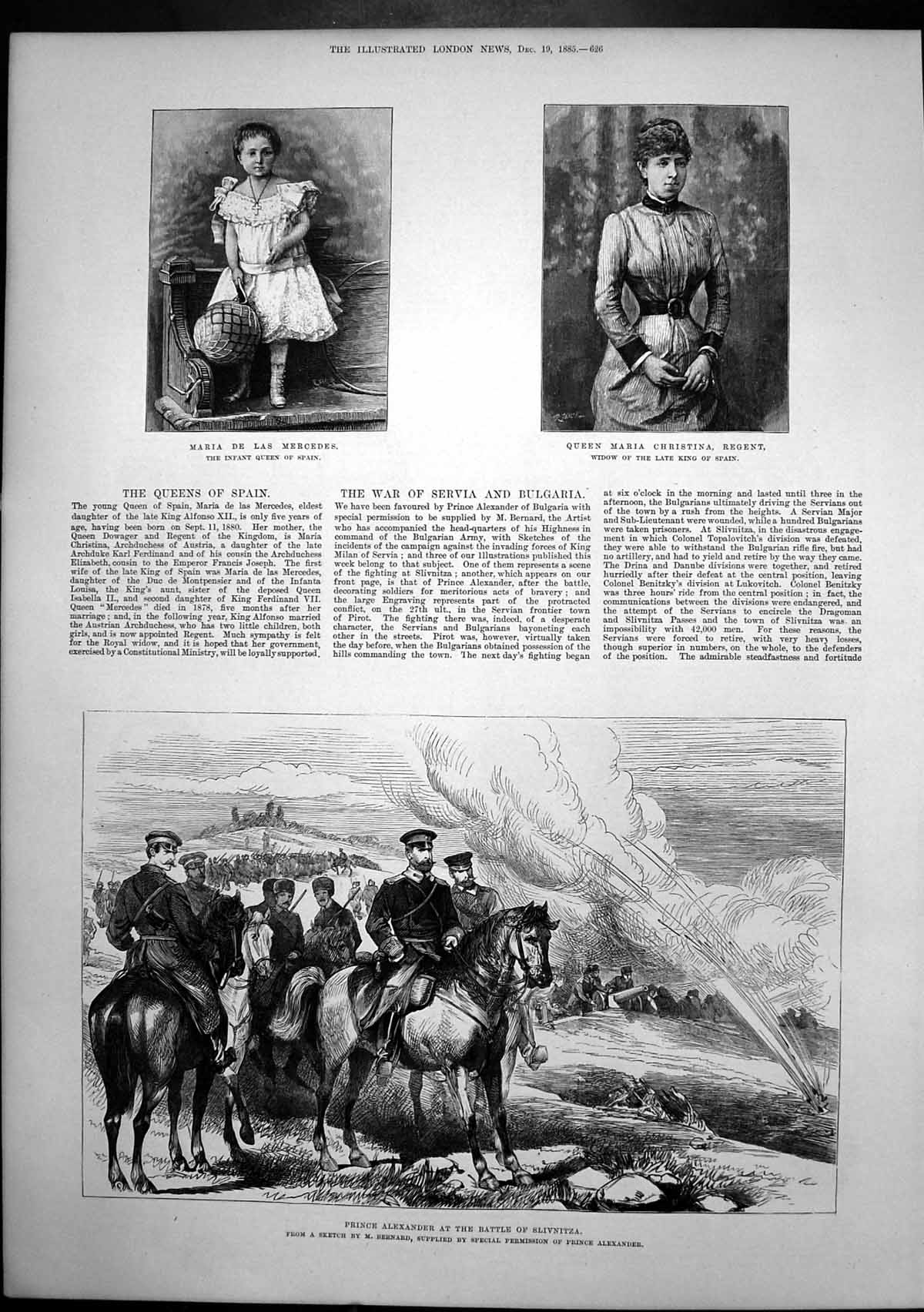 Old Print Prince Alexander Battle Slivnitza Maria Infant Queen Spain 1885 19th