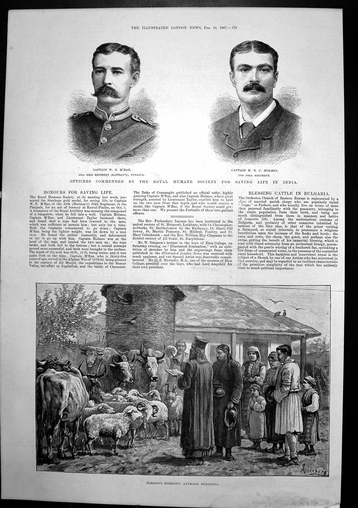 Antique Old Print Blessing Animals Bulgaria Captains W M'Rae H Holmes 1887 19th