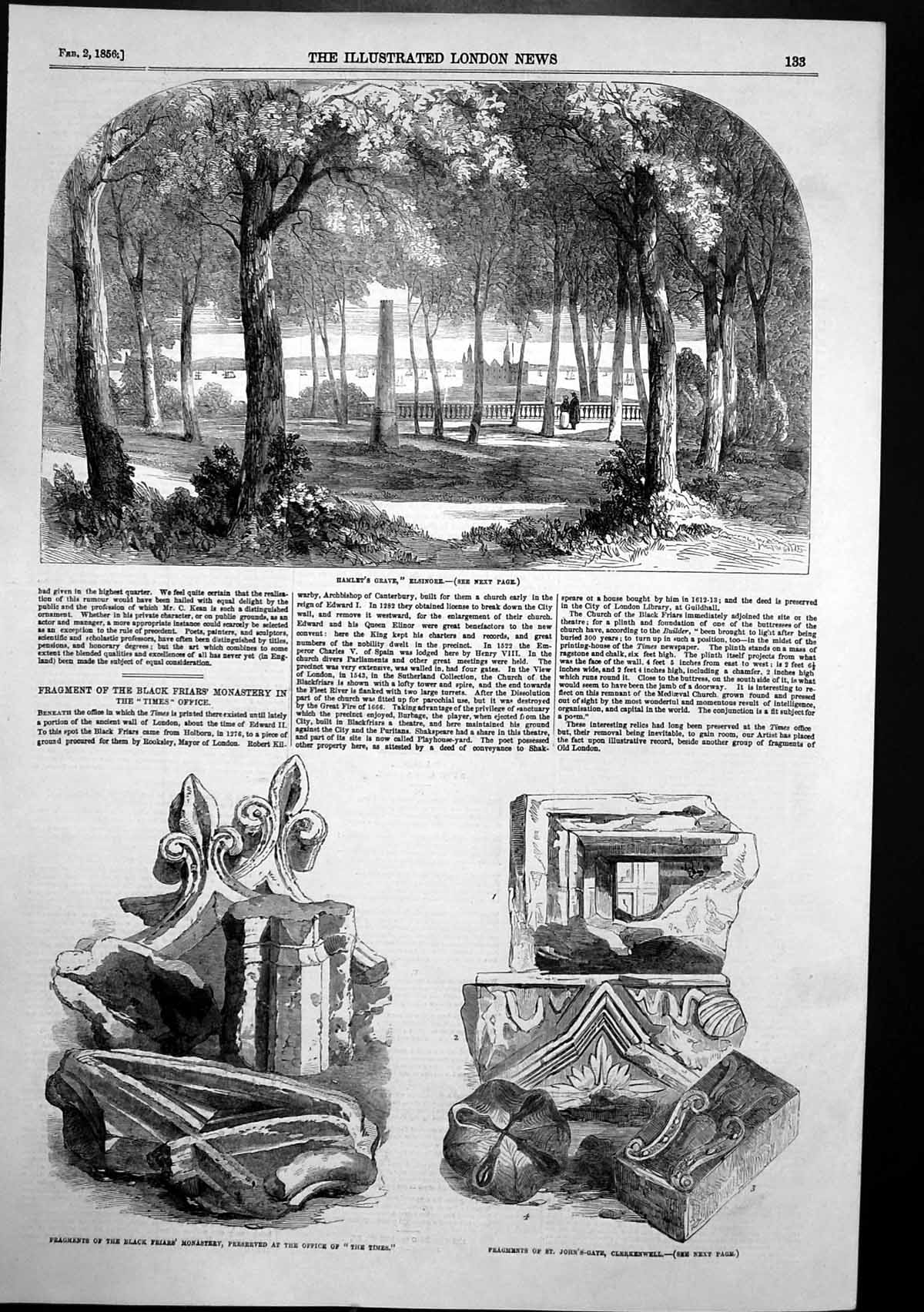 Antique Print Hamlets Grave Elsinore Fragments Black Friars Monastery 1856 19th