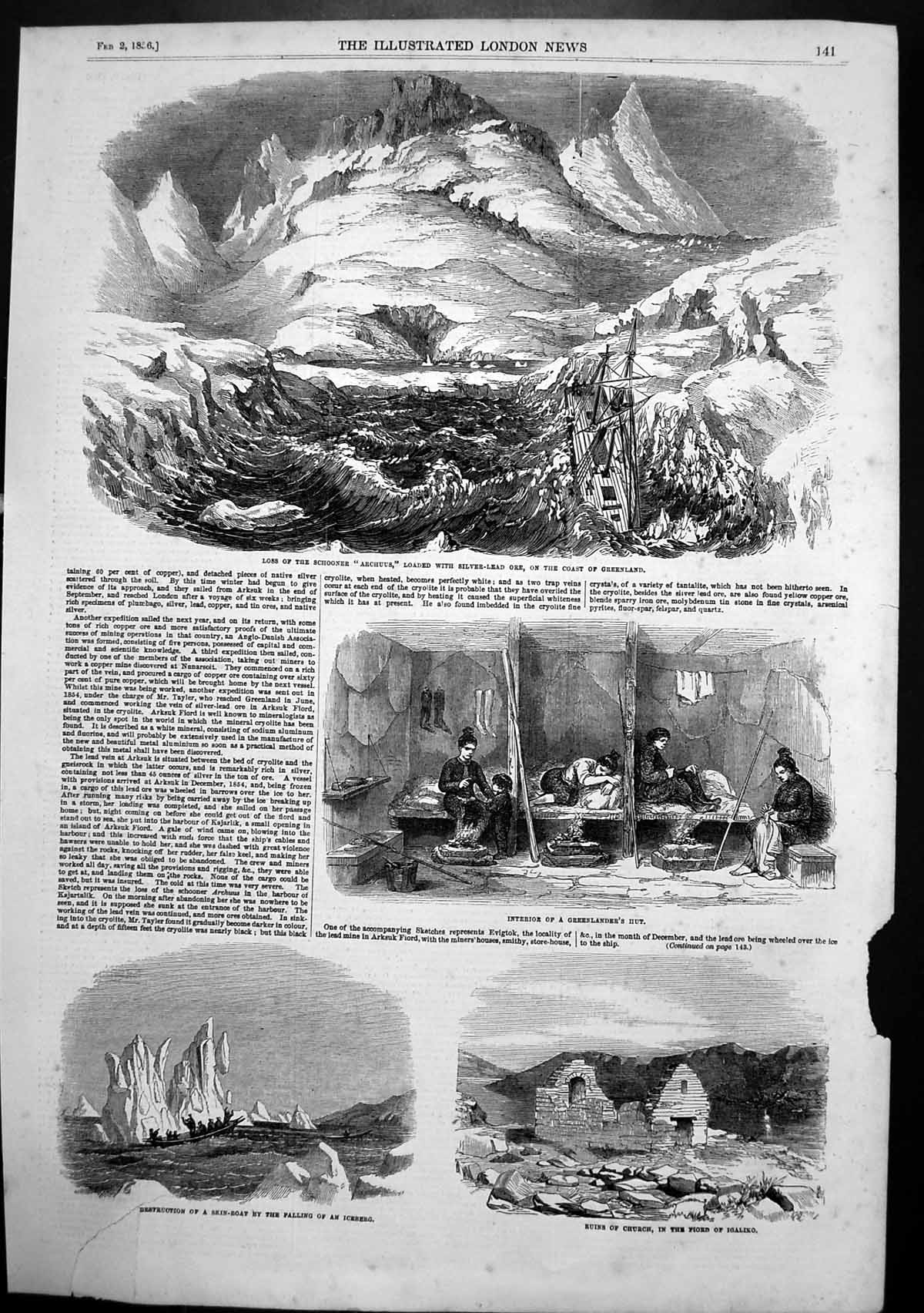 Original Old Antique Print Greenland Loss Schooner Archuus Falling Iceberg 1856