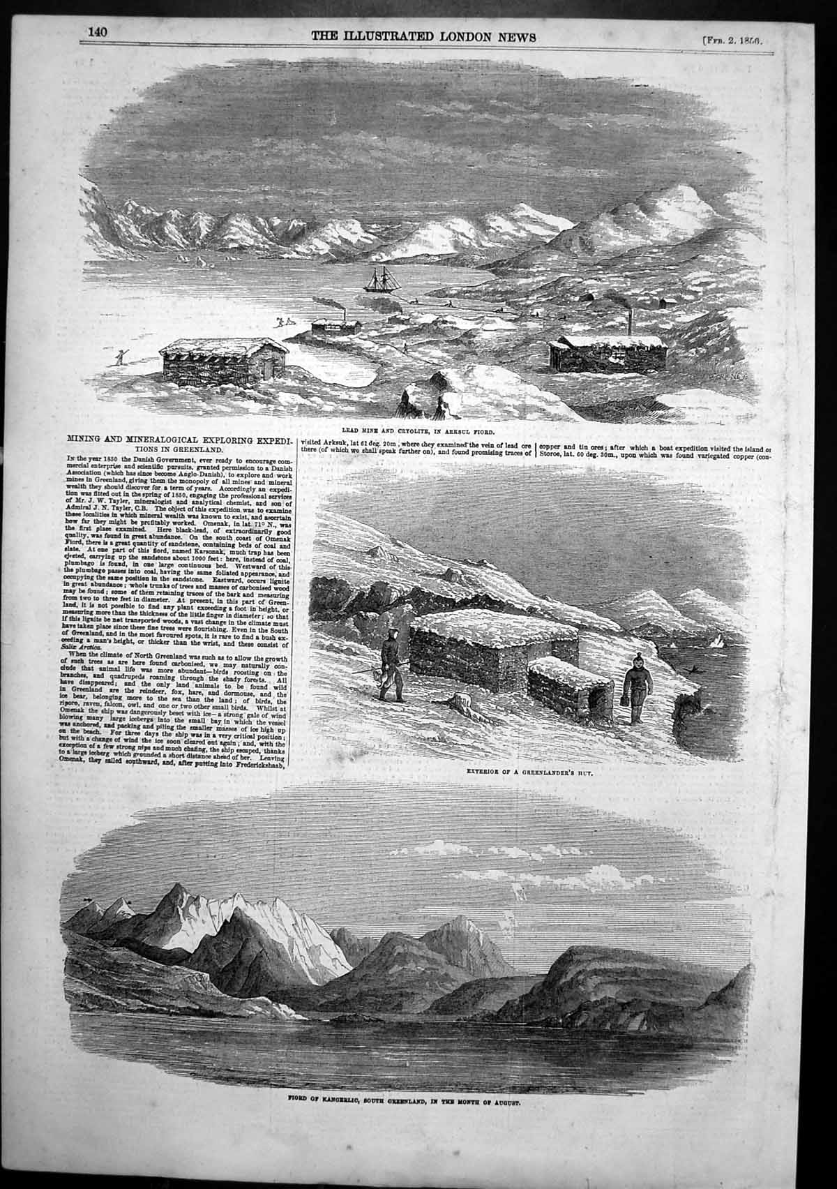Antique Old Print Mining Minerals Greenland Lead Mine Fiord Kanggerlic 1856