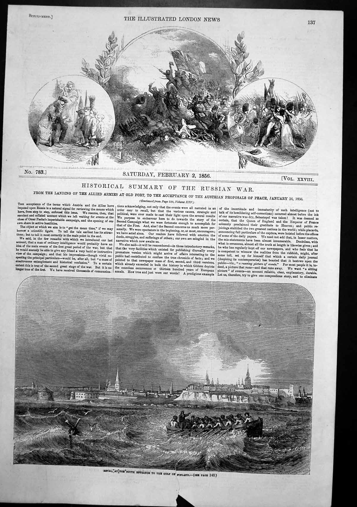 Original Old Antique Print Reval South Entrance Gulf Finland Rowing Boat 1856