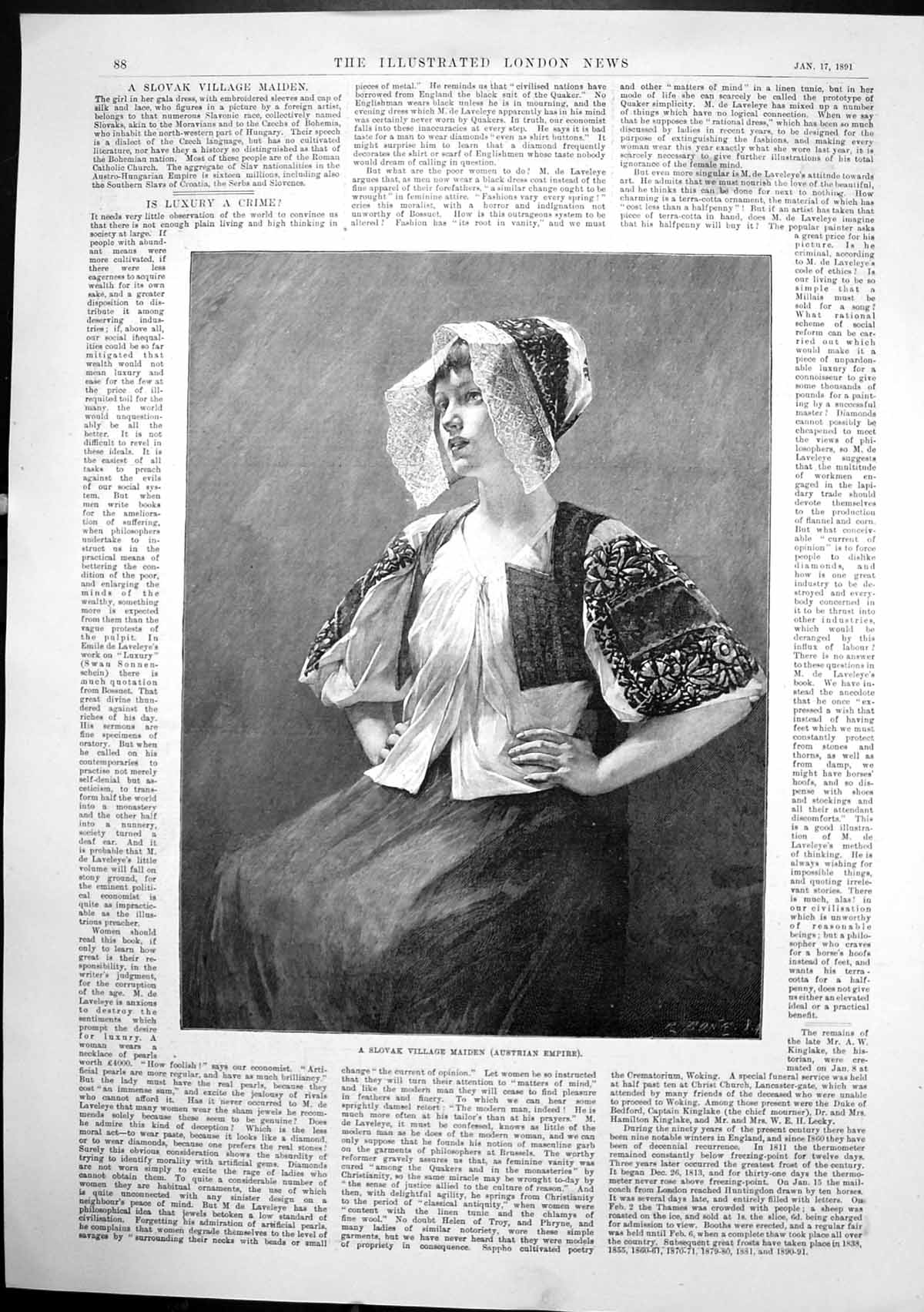 Antique Old Print Slovak Village Maiden Austrian Empire Cap Silk Lace 1891 19th