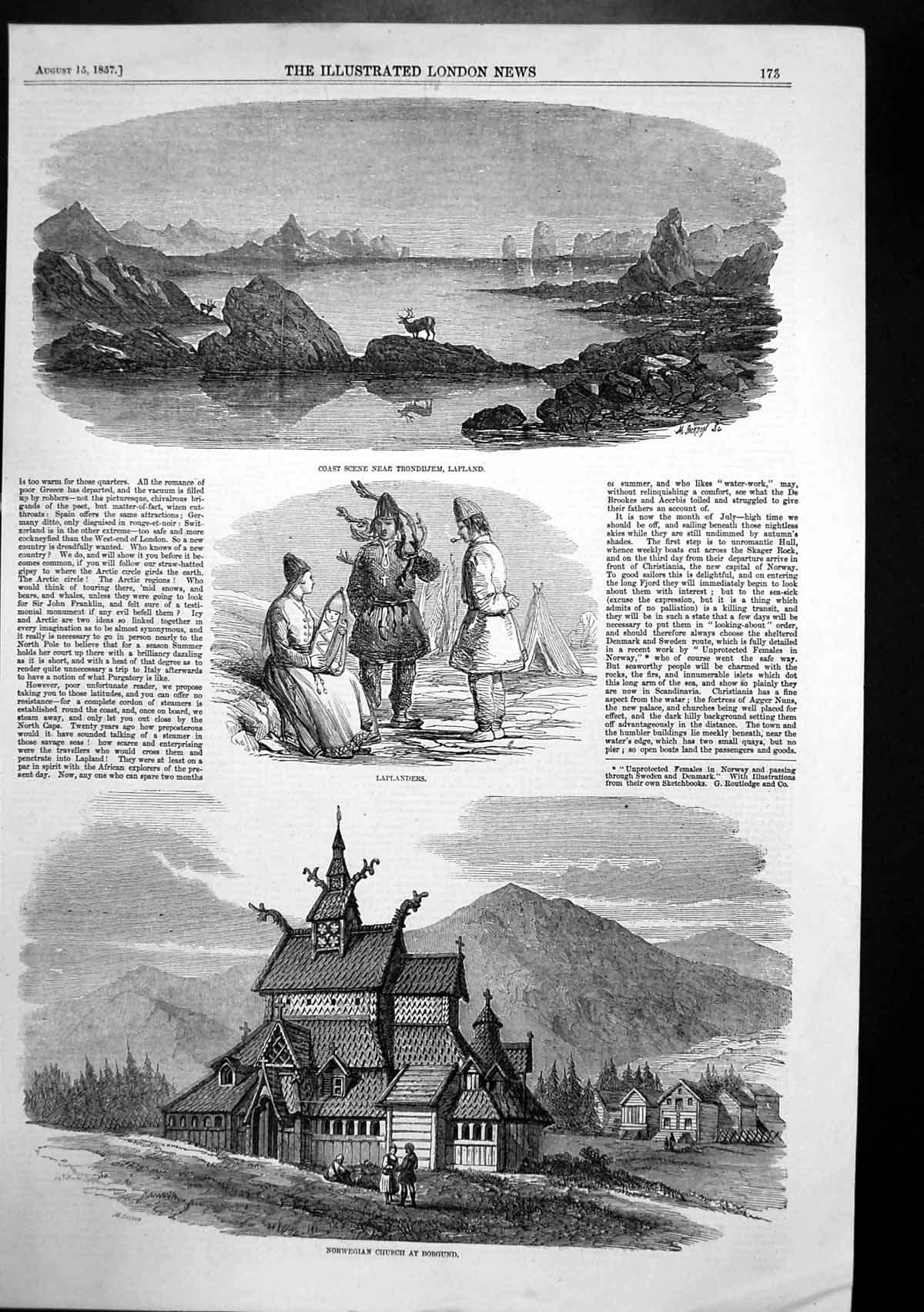 Antique Old Print Trondhjem Laplan Laplanders Norwegian Church Borgund 1857