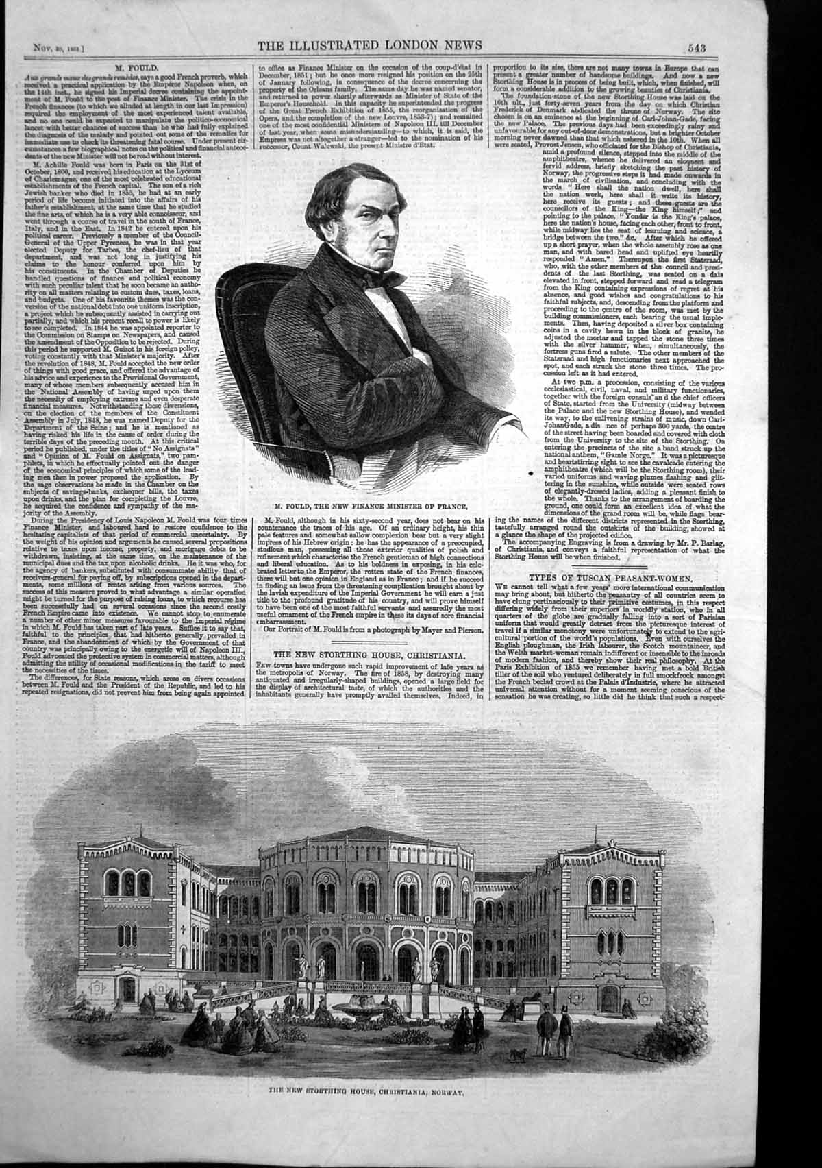 Old Print Storthing House Christiania Norway M Fould Finance France 1861 19th