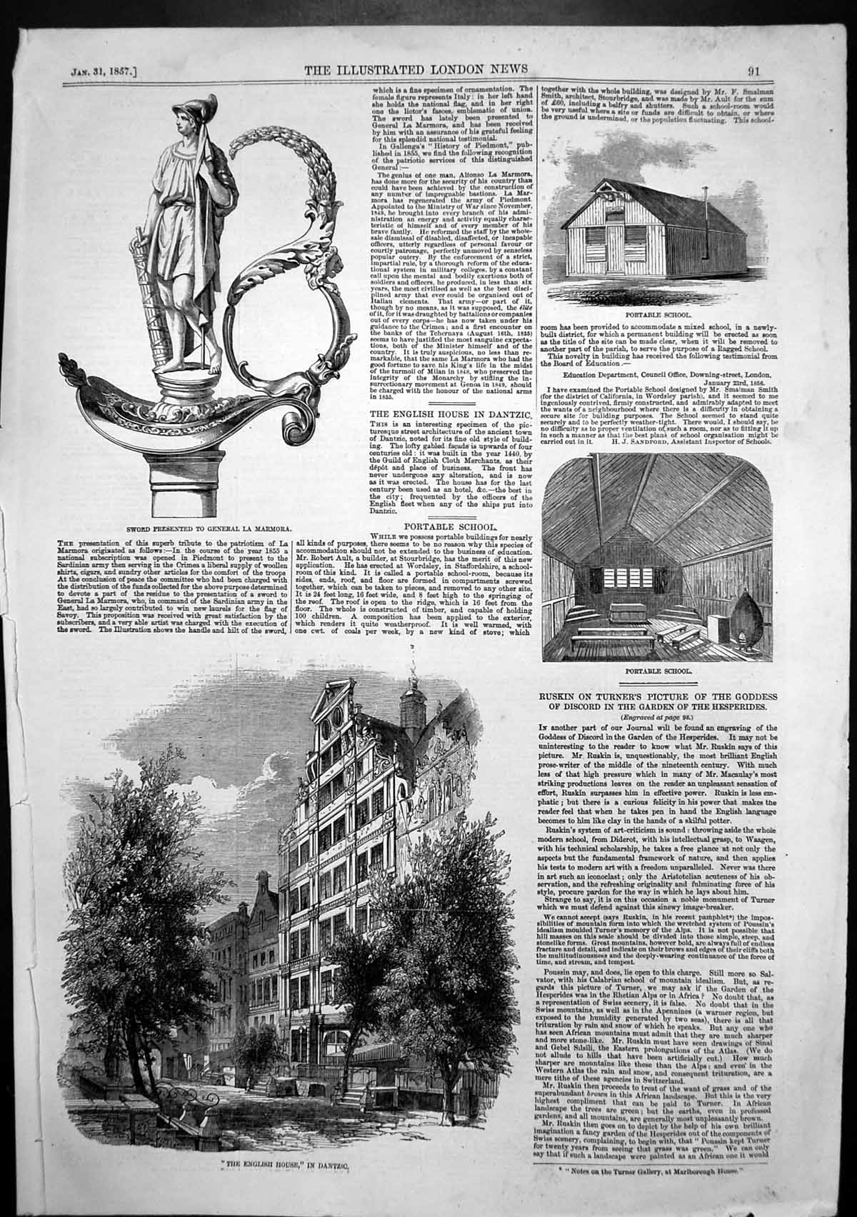 Antique Print English House Dantzic Portable School Sword Gen Marmora 1857 19th