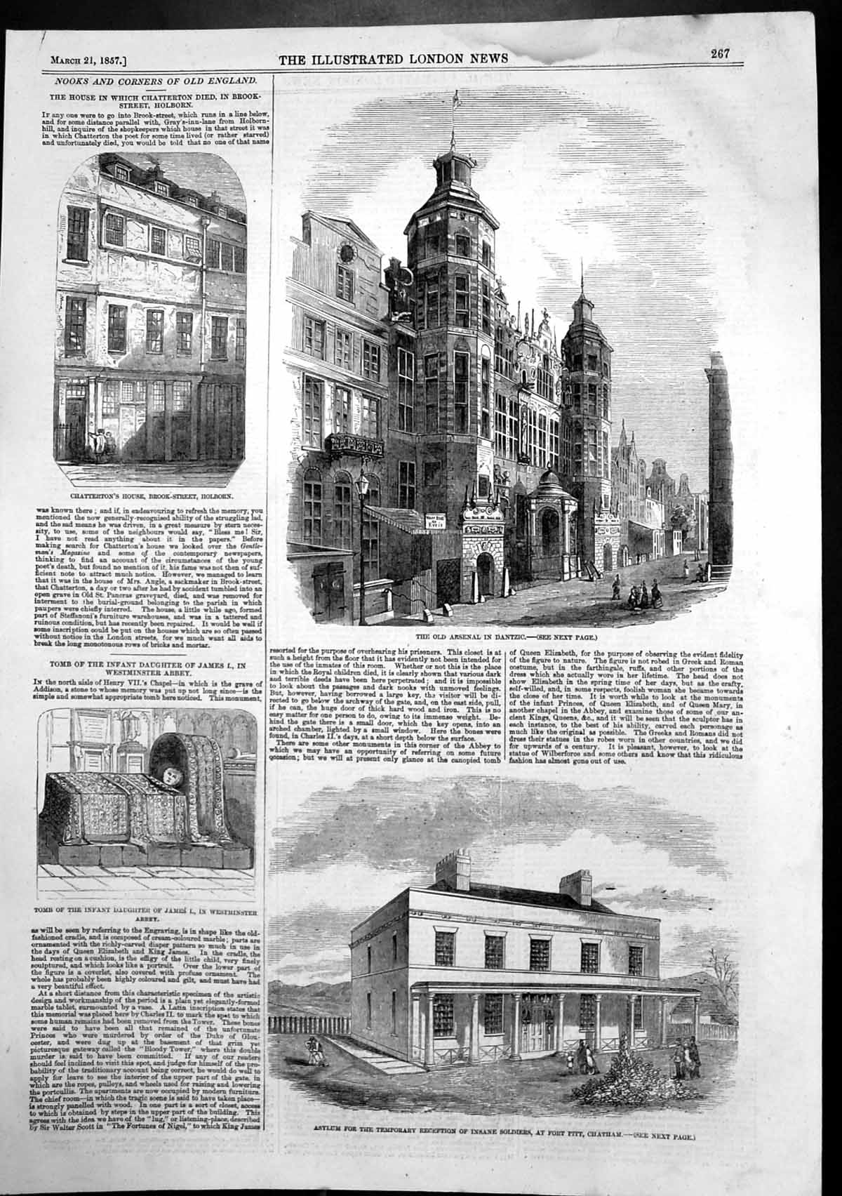 Original Old Antique Print Arsenal Dantzic Asylum Siers Chatham Chatterton 1857