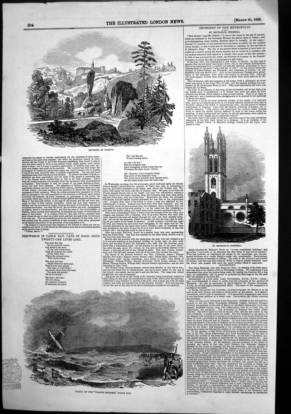 Original Old Antique Print Wreck Francis Spaight Table Bay Environs Cracow 1846