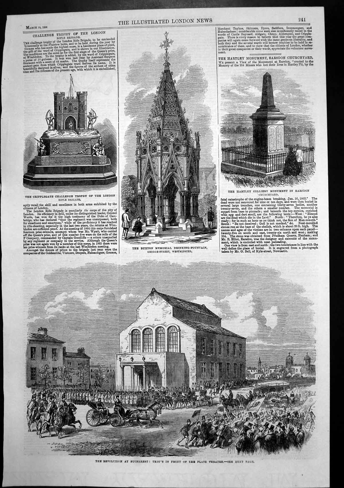 Old Antique Print Revolution Bucharest Platz Theatre Buxton Memorial 1866 19th