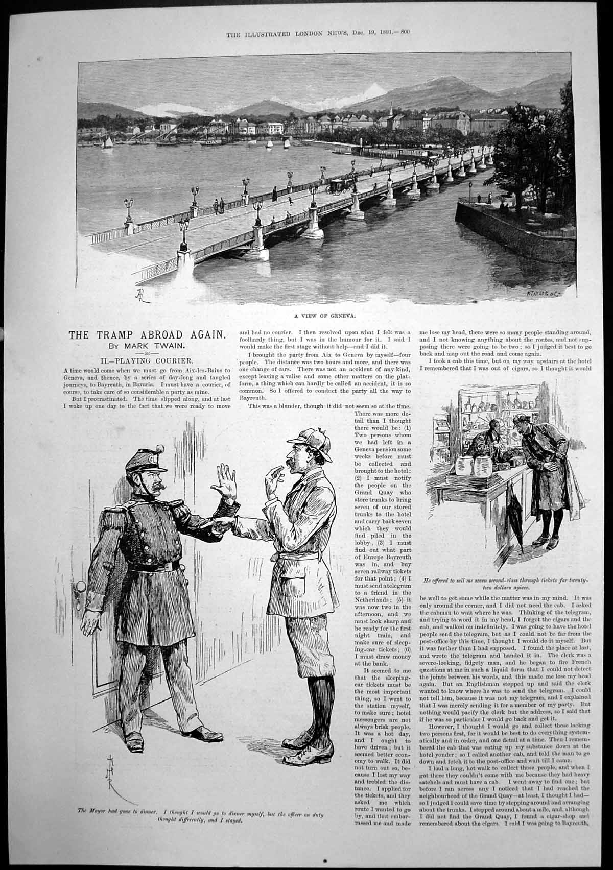 Antique Print Geneva Tramp Abroad Again Officer Refusing Entry Dinner 1891 19th
