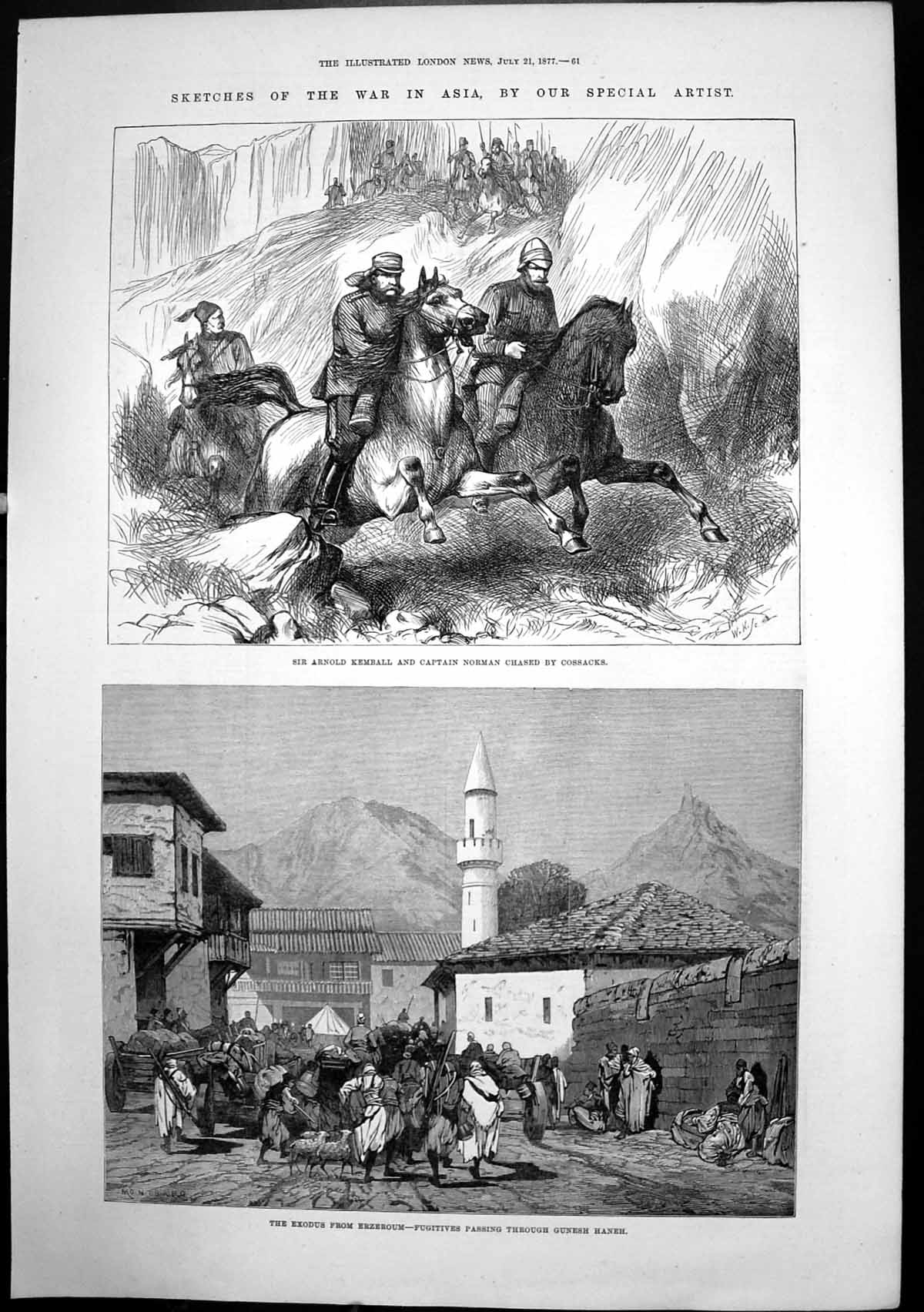 Original Old Antique Print Exodus Erzeroum ArnKemball Capt Norman Cossacks 1877