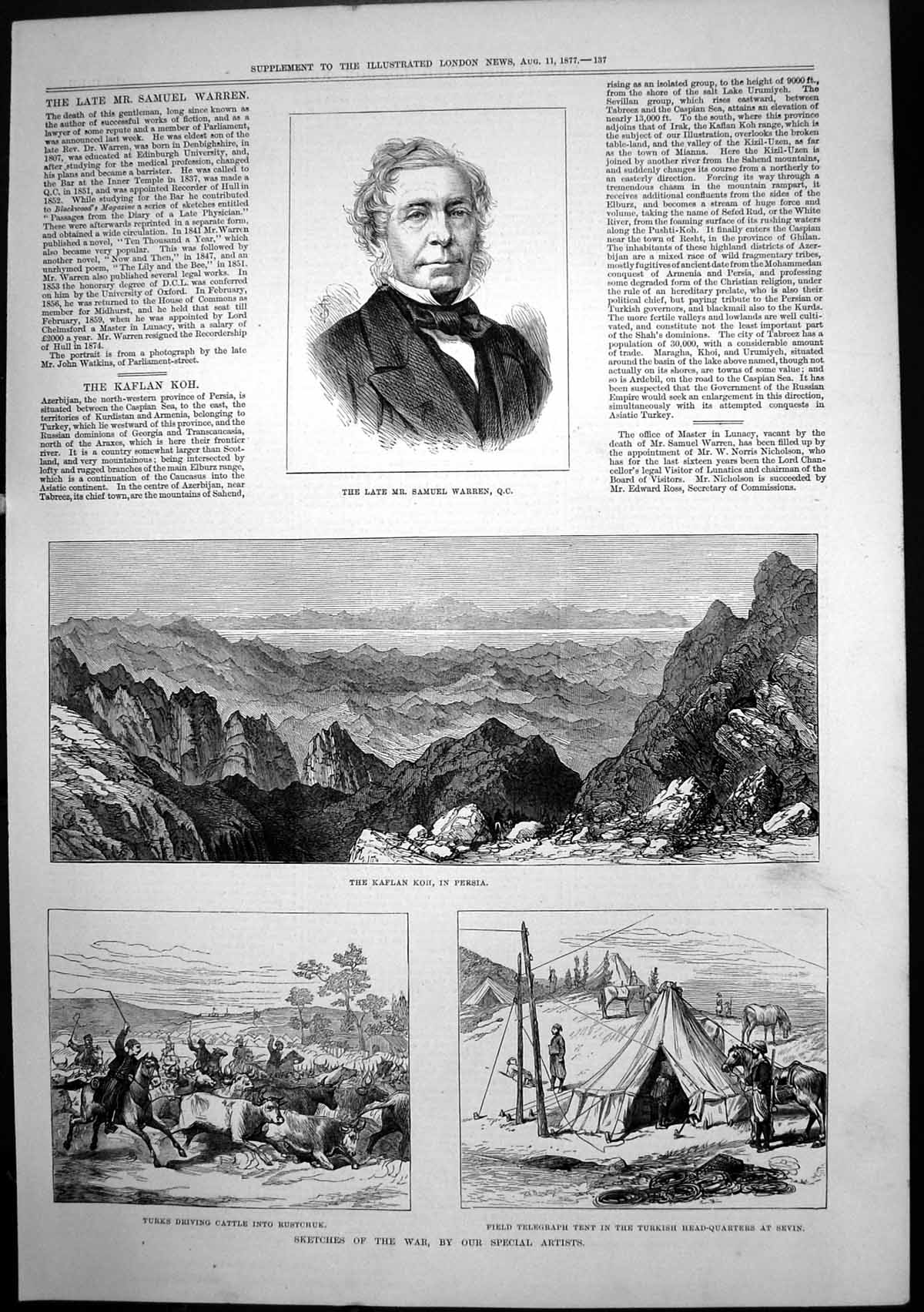 Antique Print Samuel Warren Qc Kaflan Koh Persia Tent Turkish Hq Sevin 1877