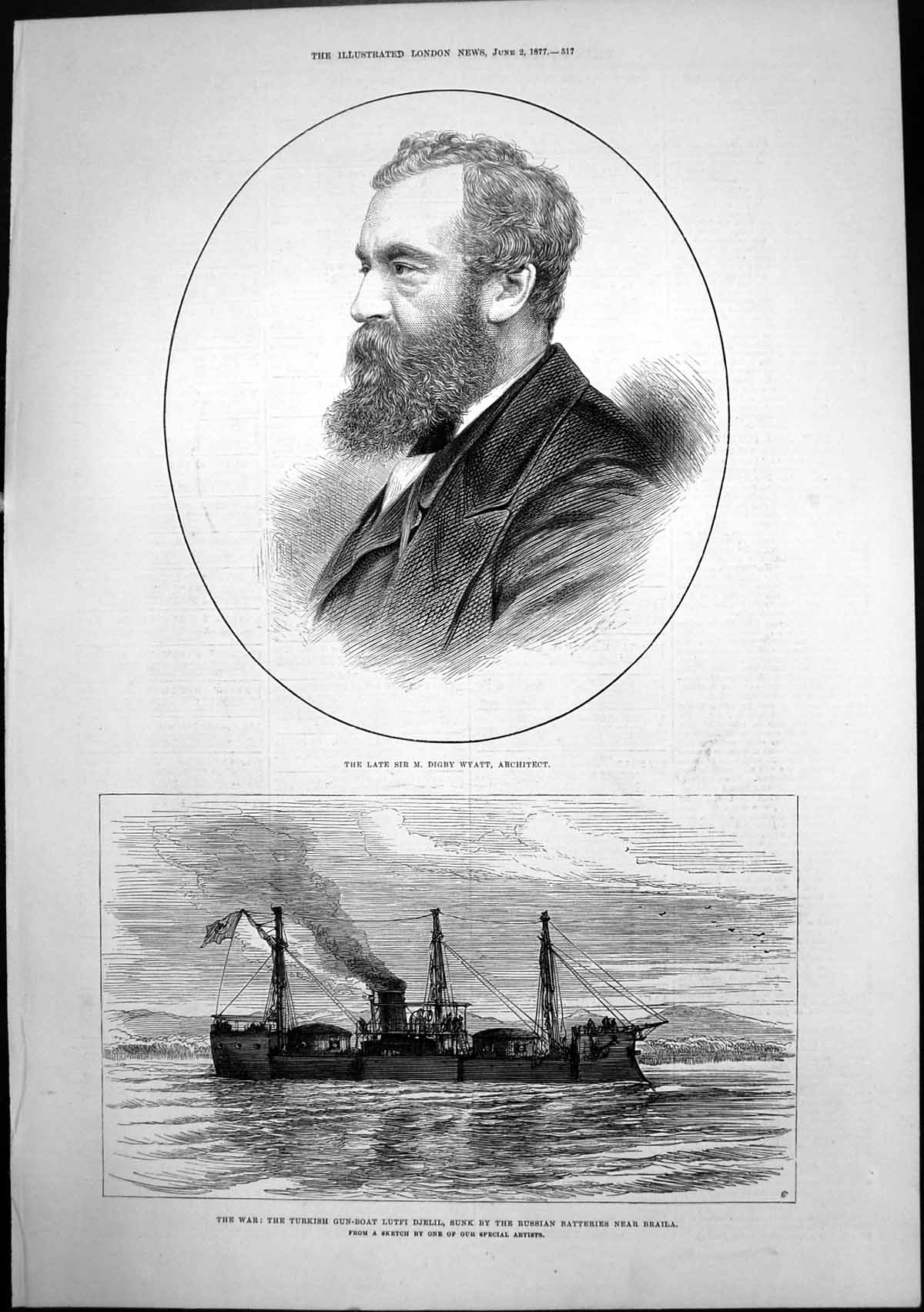 Antique Print Turkish Gun Boat Lutfi Djelil Sunk Braila M Digby Wyatt 1877 19th