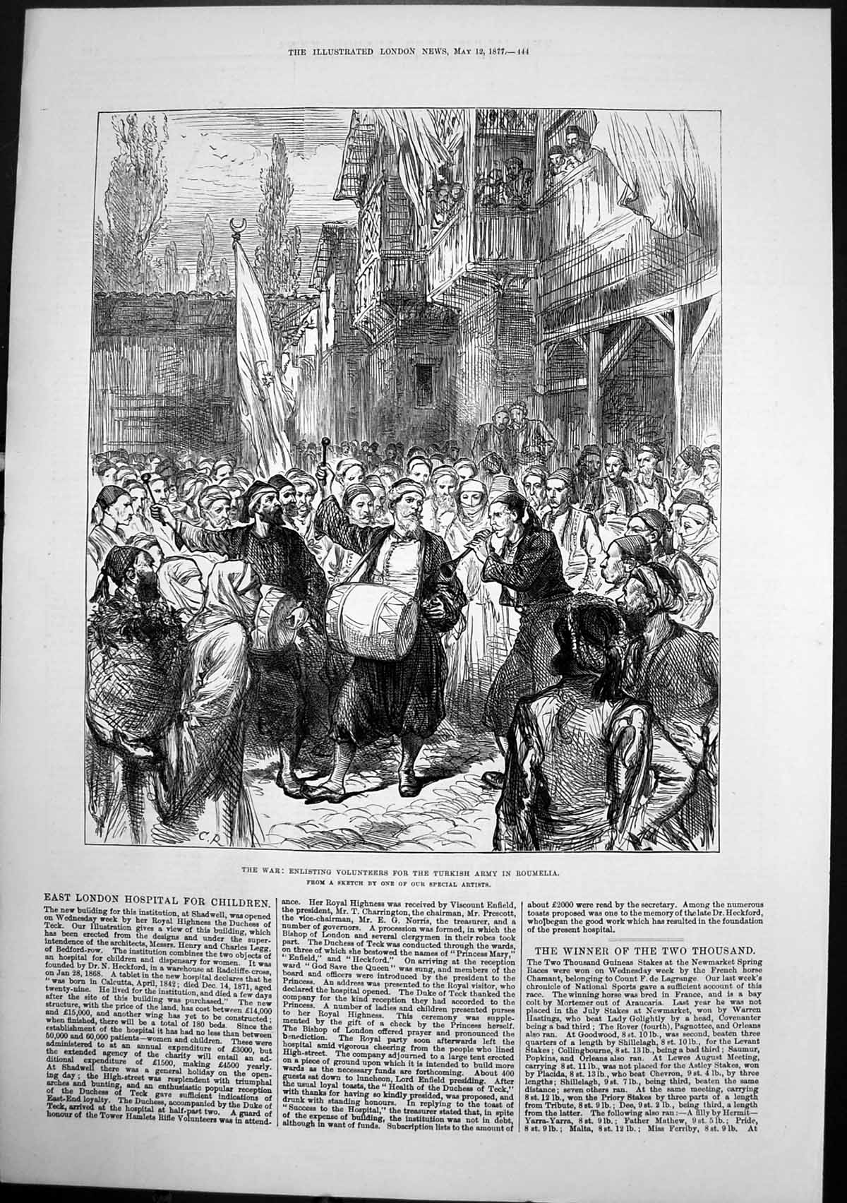 Original Old Antique Print Enlisting Volunteers Turkish Army Roumelia 1877 19th