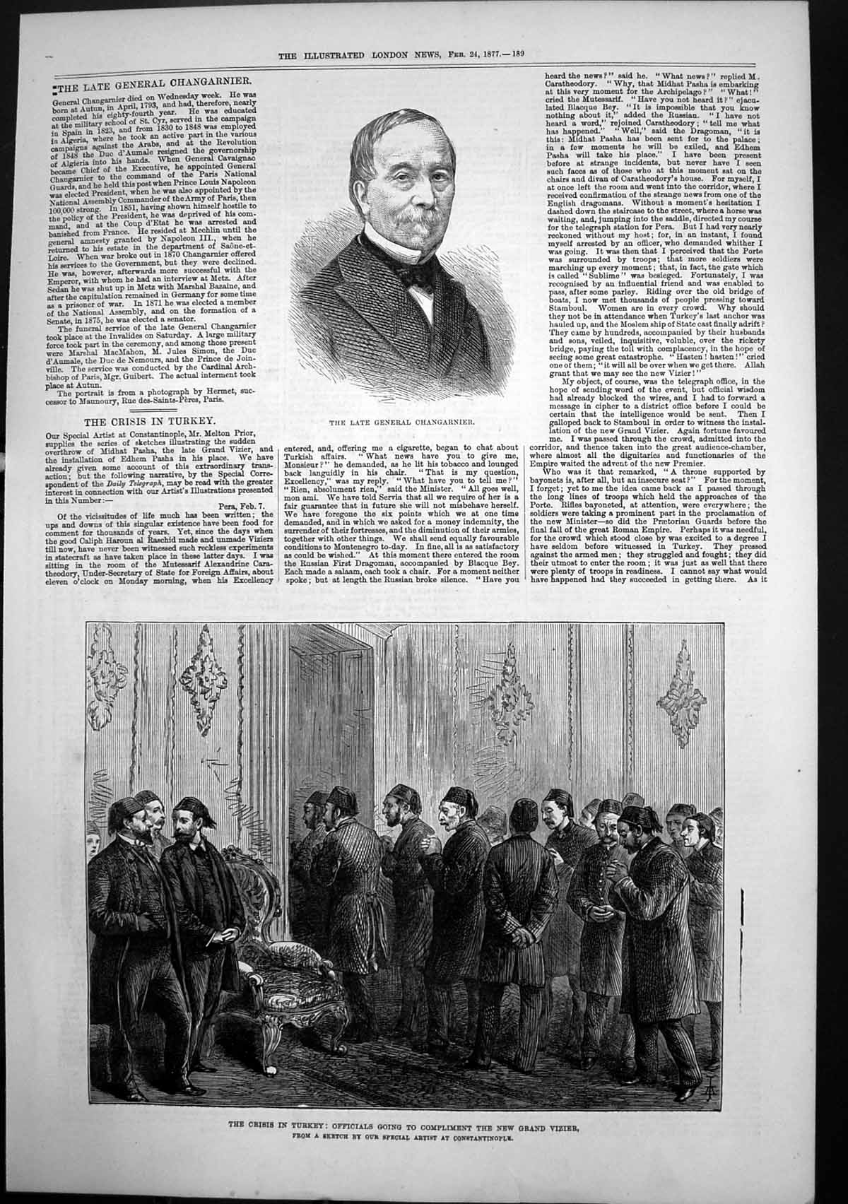 Old Print Crisis Turkey Compliment Grand Vizier General Changarnier 1877 19th