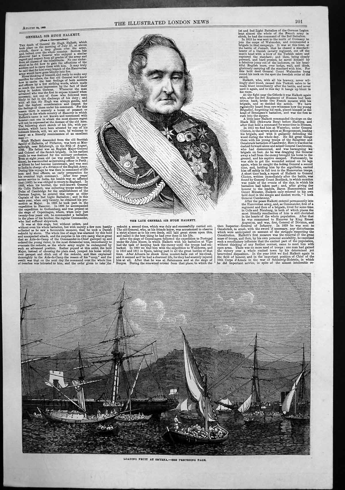 Original Old Antique Print Loading Fruit Smyrna General Sir Hugh Halkett 1863