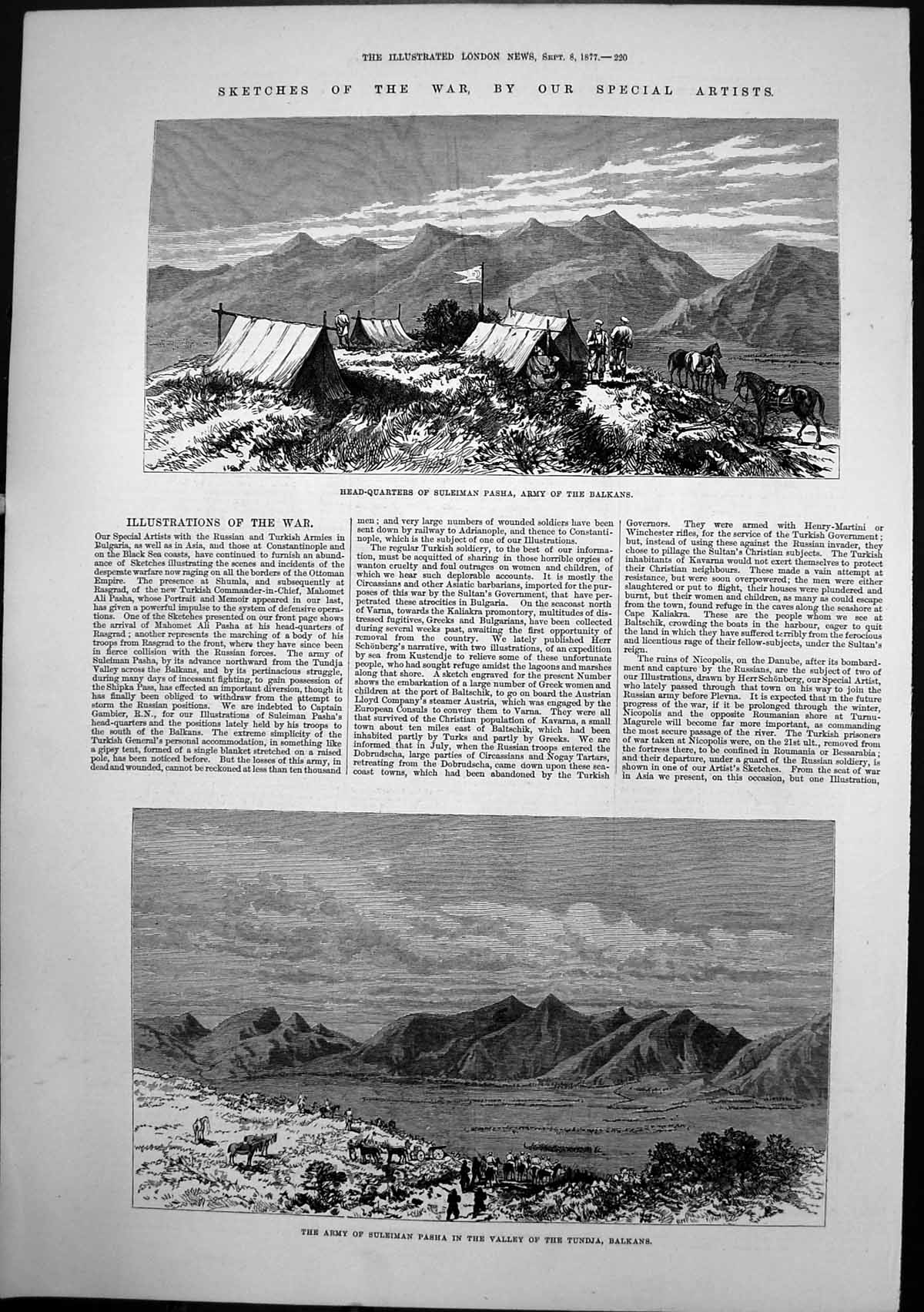 Antique Old Print Headquarters Suleiman Pasha Army Balkans Valeey Tundja 1877