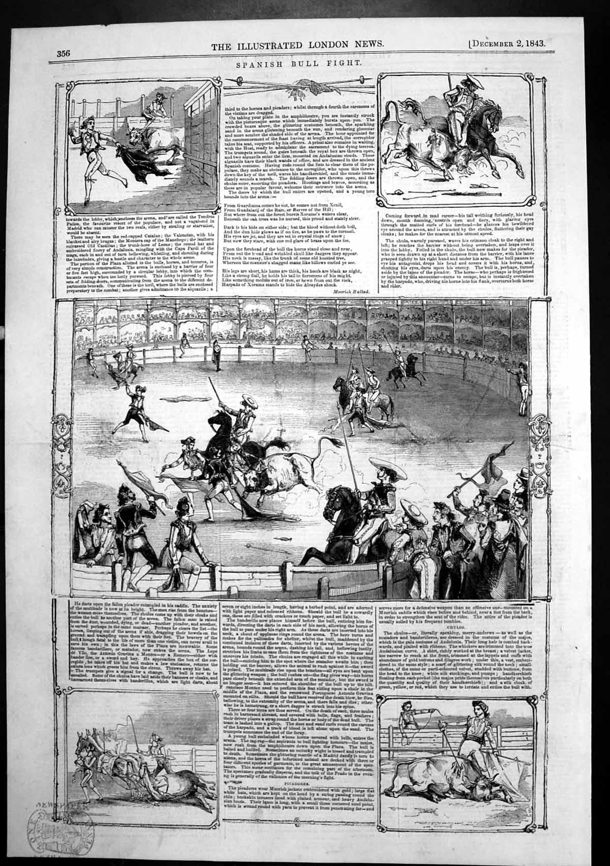 Antique Old Print Spanish Bull Fight Picadores Chulos Moorish Jackets 1843 19th