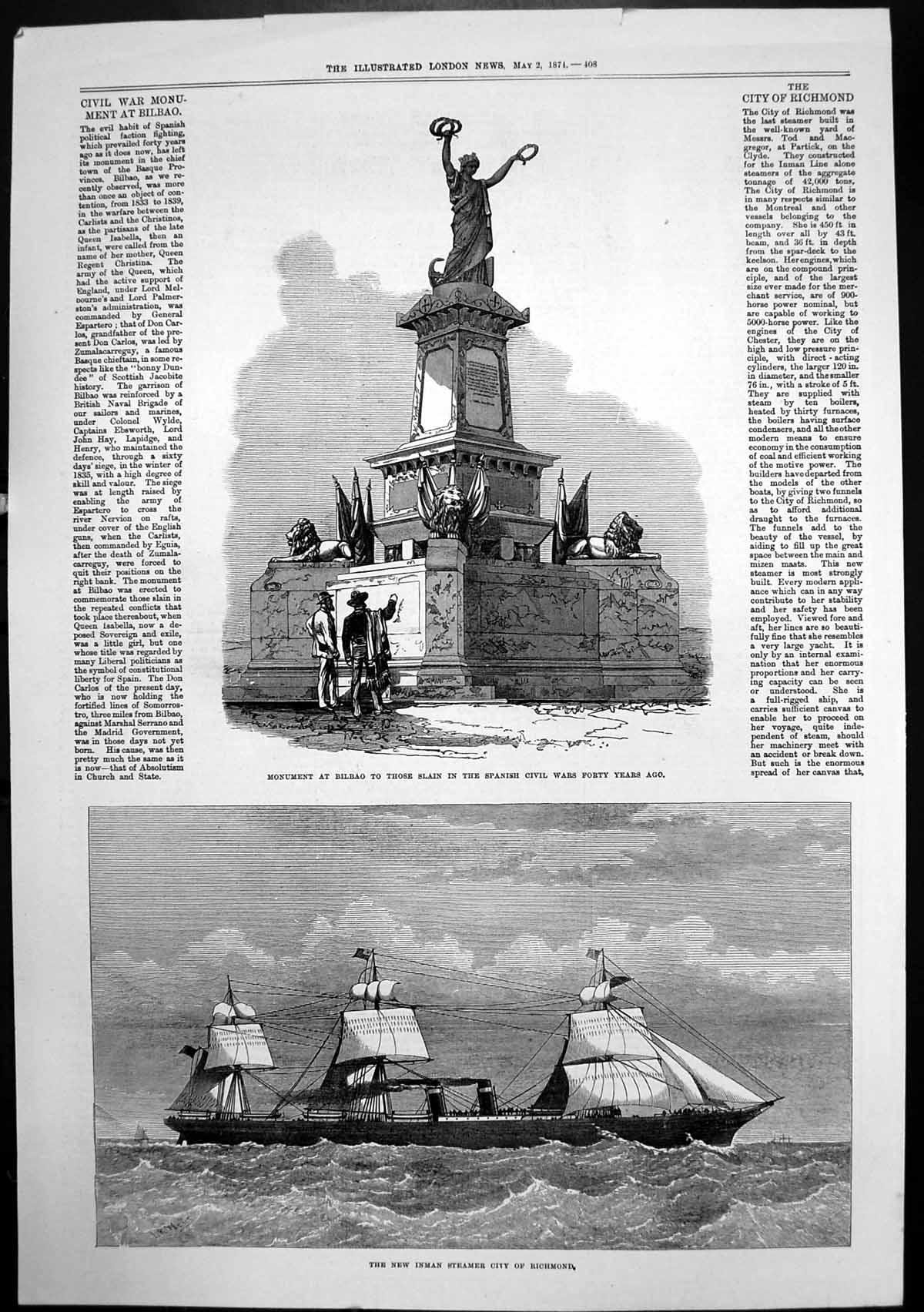 Antique Old Print Inman Steamer City Richmond Monument Bilbao War Dead 1874