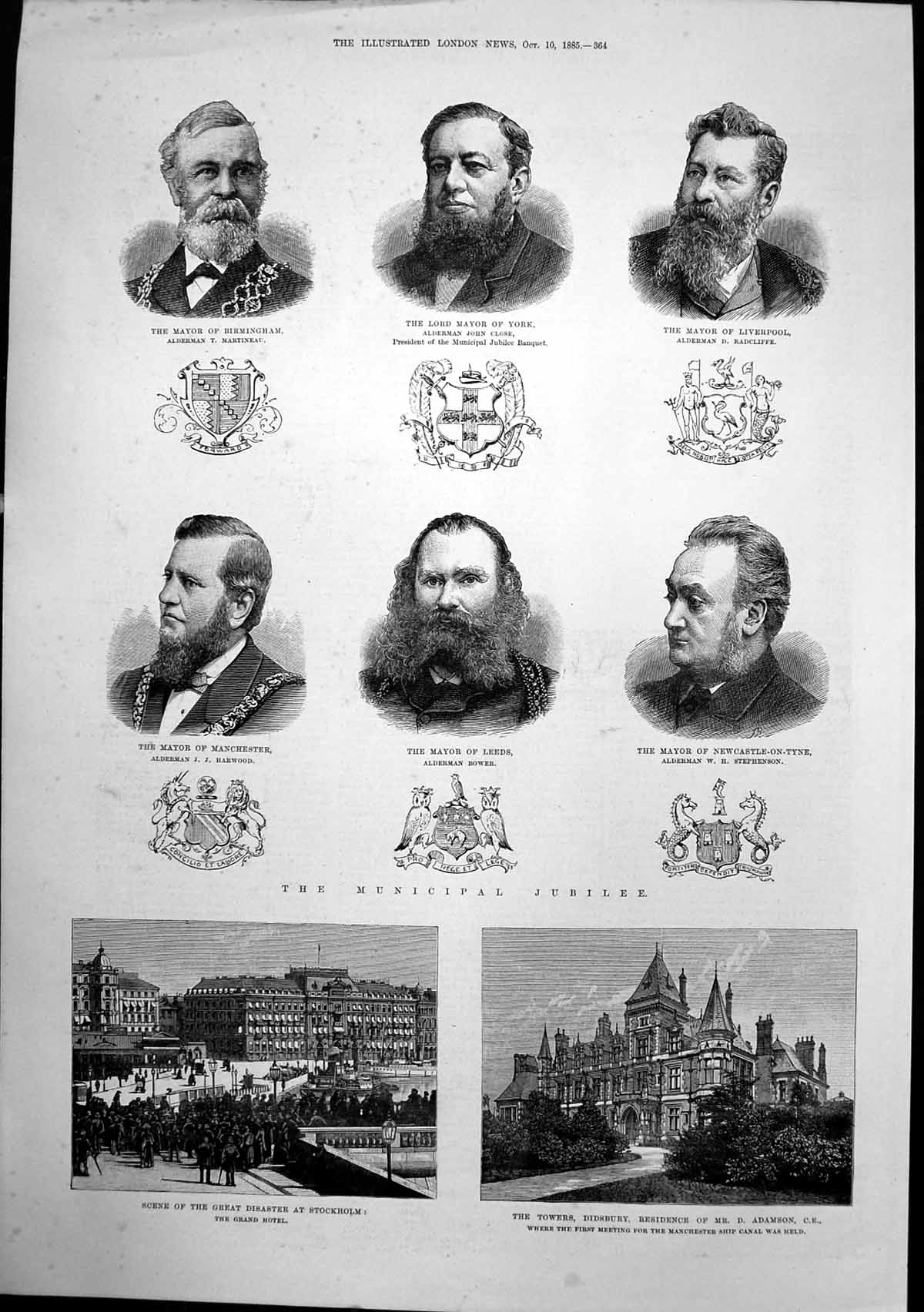 Original Old Antique Print Grand Hotel Stockholm Disaster Towers Didsbury 1885