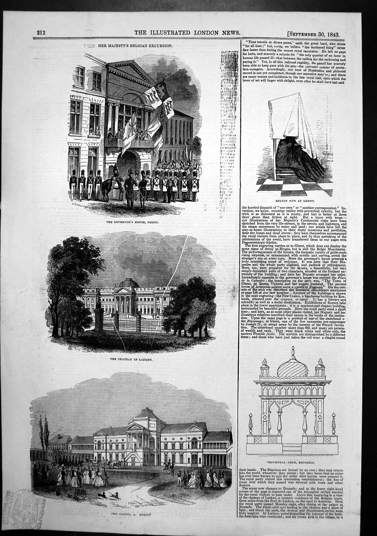 Old Antique Print Governors House Ghent Chateau Laeken Casino Ghent 1843 19th