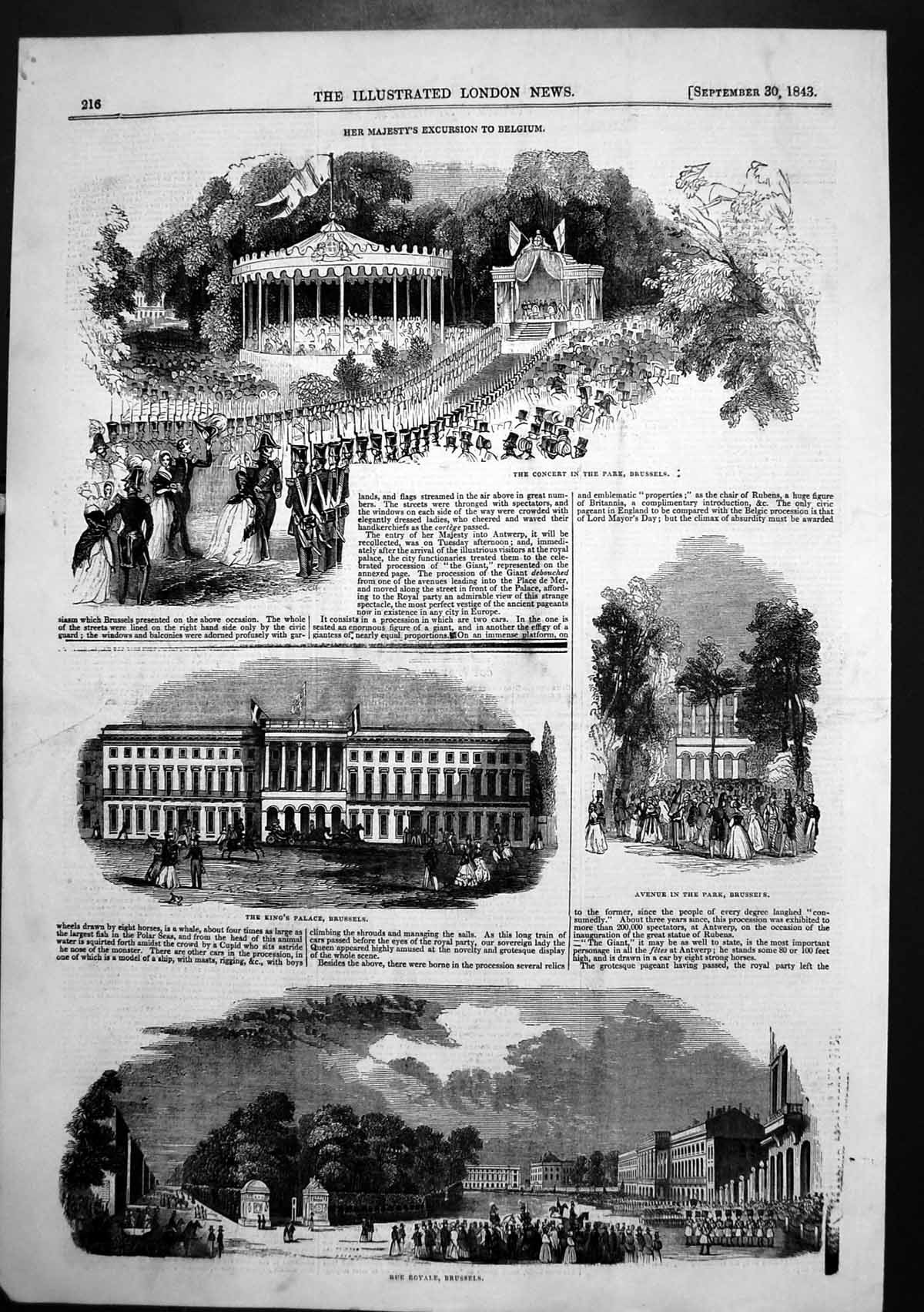 Antique Old Print Queen Brussels Kings Palace Concert Park Rue Royale 1843 19th