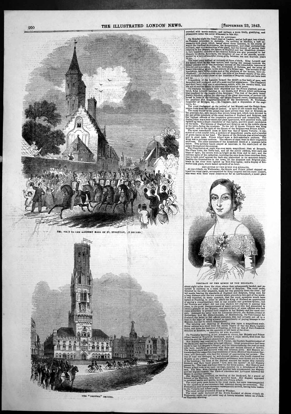 Antique Print Beffroi Bruges Archery Hall St Sebastian Queen Belgians 1843 19th