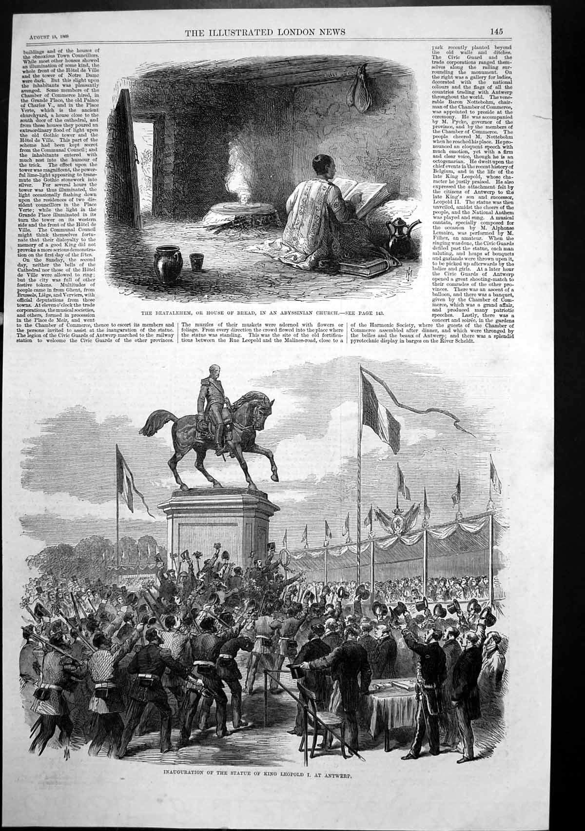 Antique Old Print Inauguration Statue Leop1 Antwerp Abyssinian Church 1868