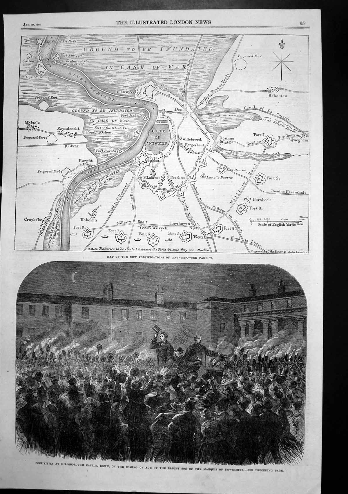 Old Print Map Fortifications Antwerp Hillsborough Castle Festivities 1866 19th