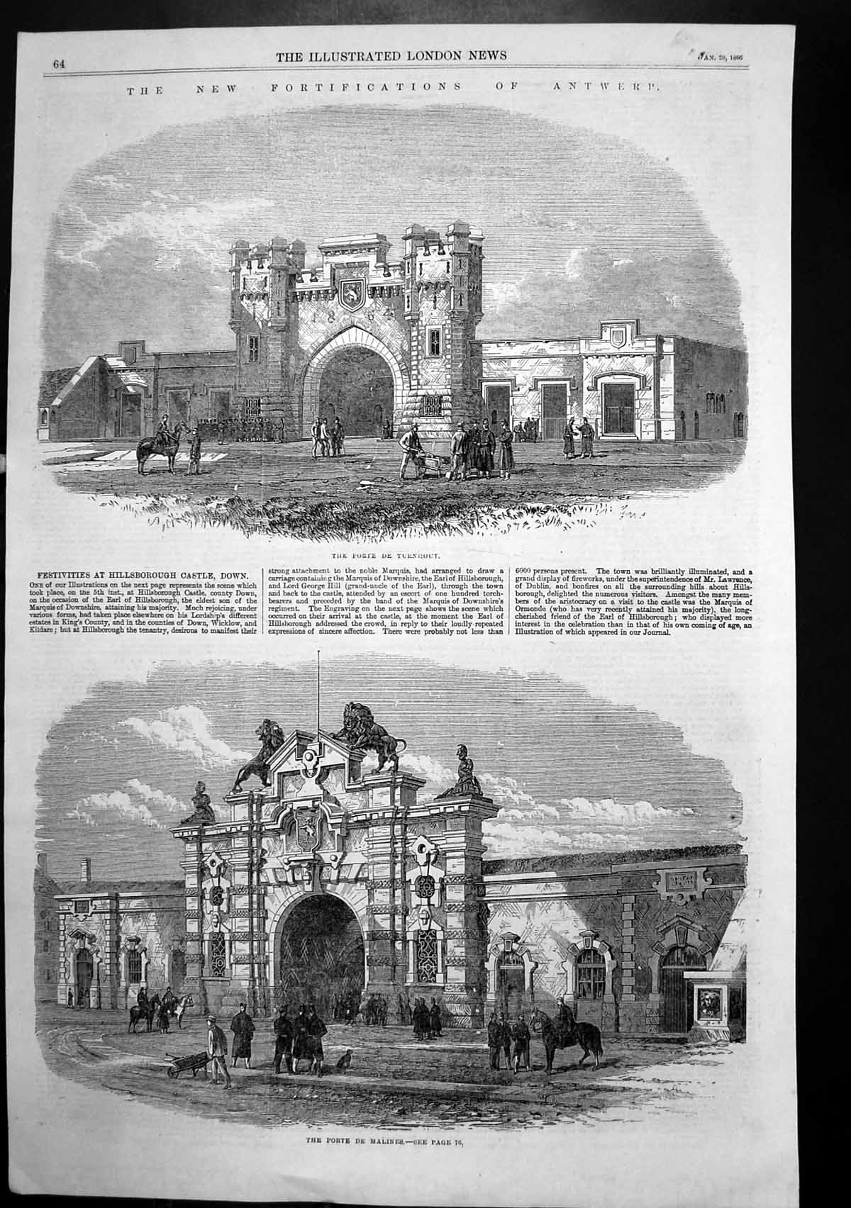 Original Old Antique Print Antwerp Porte De Turnhout Porte De Malines 1866 19th