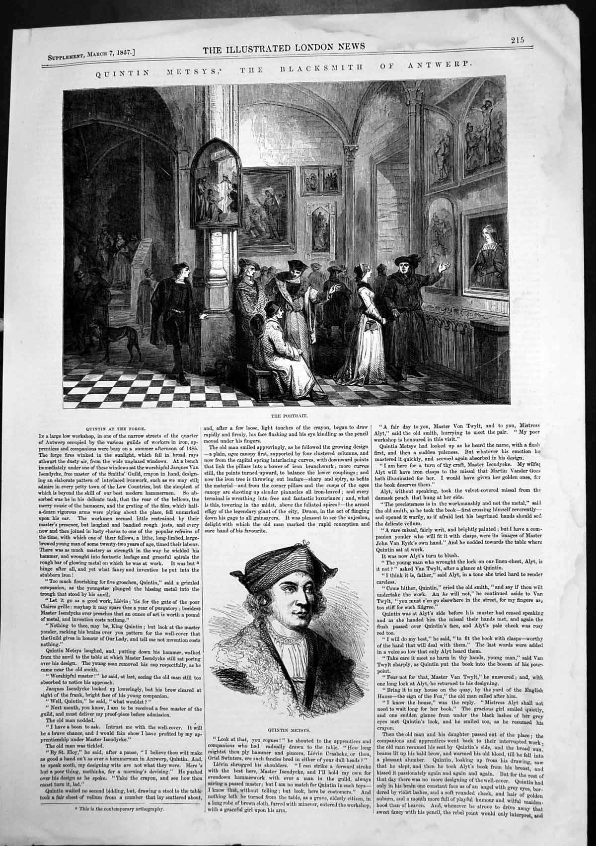 Original Old Antique Print Quintin Metsys Blacksmith Antwerp Portrait 1857 19th