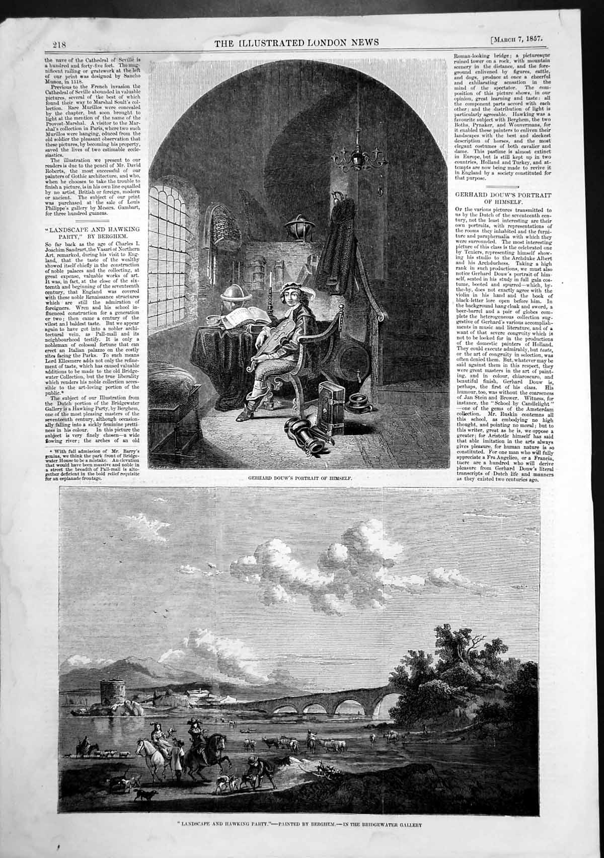 Antique Old Print Gerhard Douws Portrait Himself Landscape Hawking Party 1857