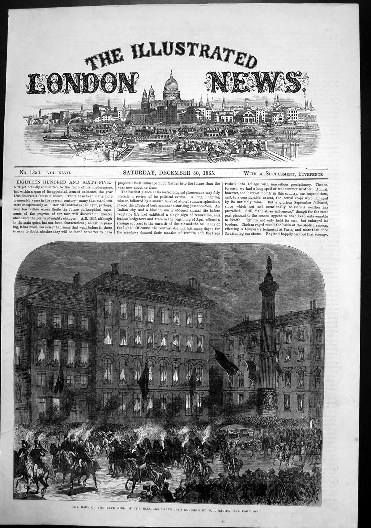 Original Old Antique Print Body King Belgians Taken Brussels Torchlight 1865