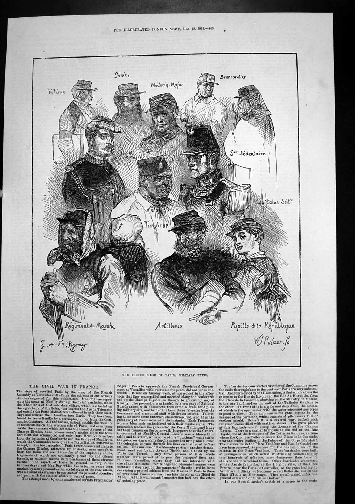 Old Print French Siege Paris Military Types Artillerie Tambour Major 1871 19th