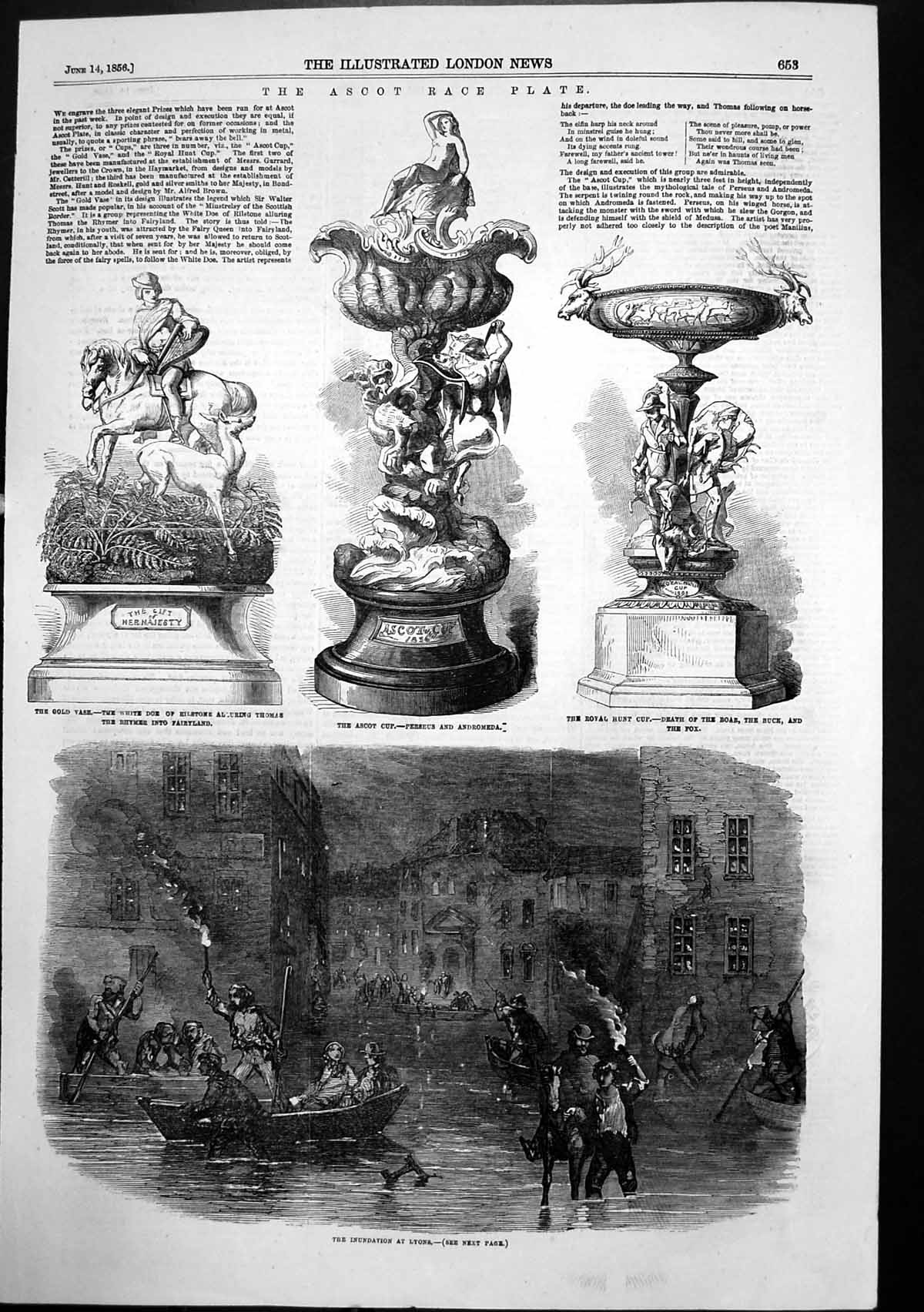Antique Old Print Inundation Lyons Boats Ascot Race Plate Royal Hunt Cup 1856