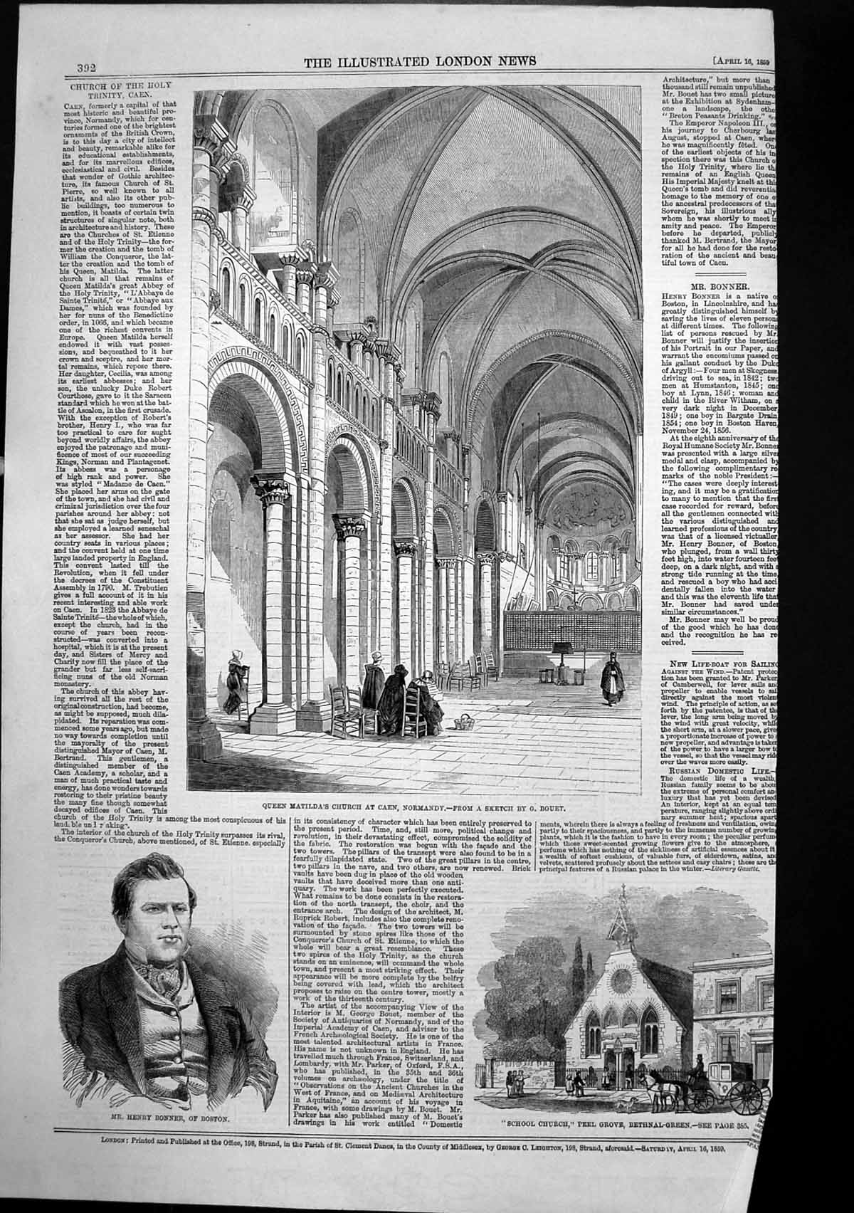 Old Antique Print Queen Matildas Church Caen Normandy Henry Bonner 1859 19th