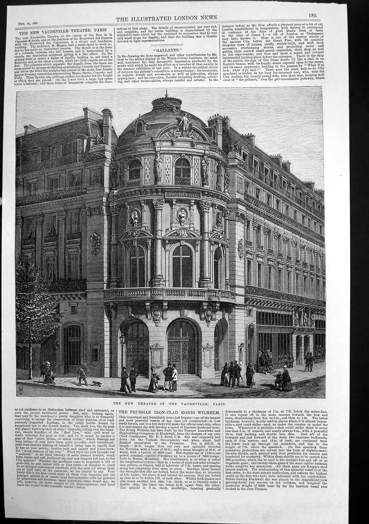 Original Old Antique Print New Vaudeville Theatre Paris Architect M Magne 1869