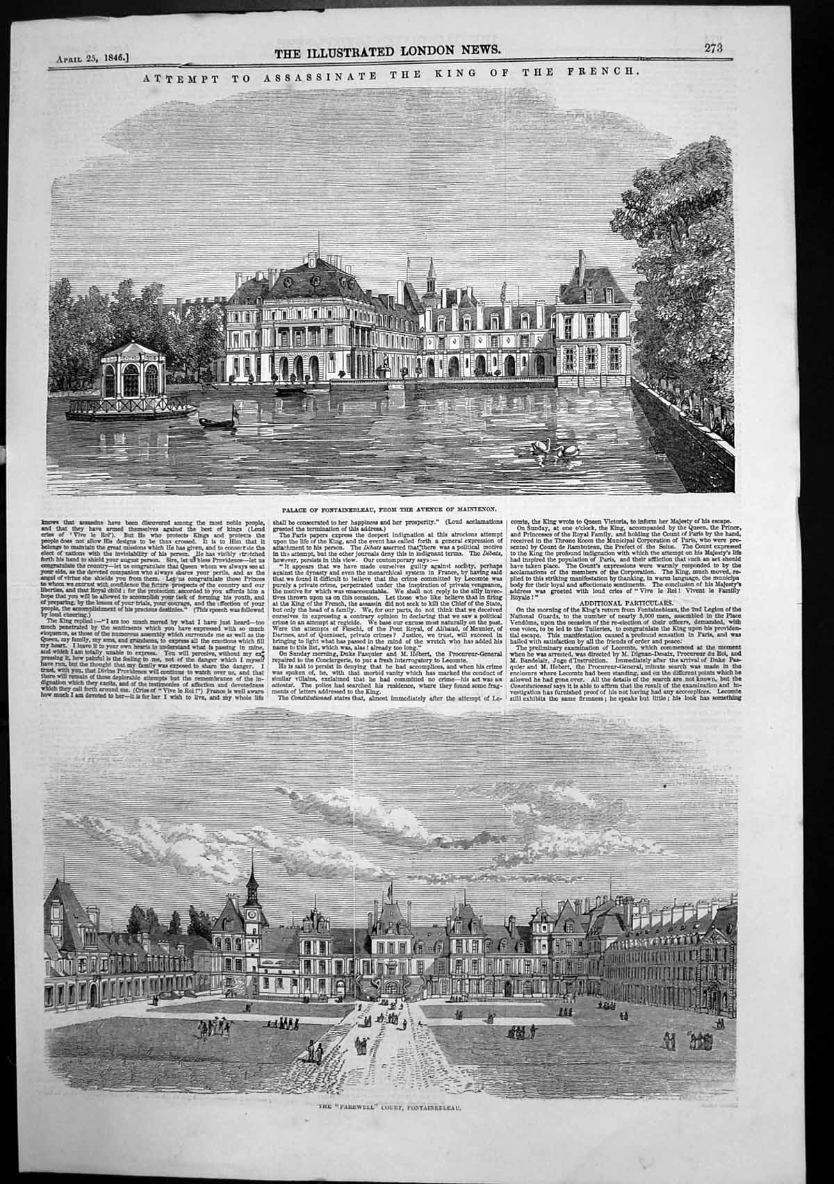 Antique Old Print Palce Fontainebleau Avenue Maintenon Farewell Court 1846 19th